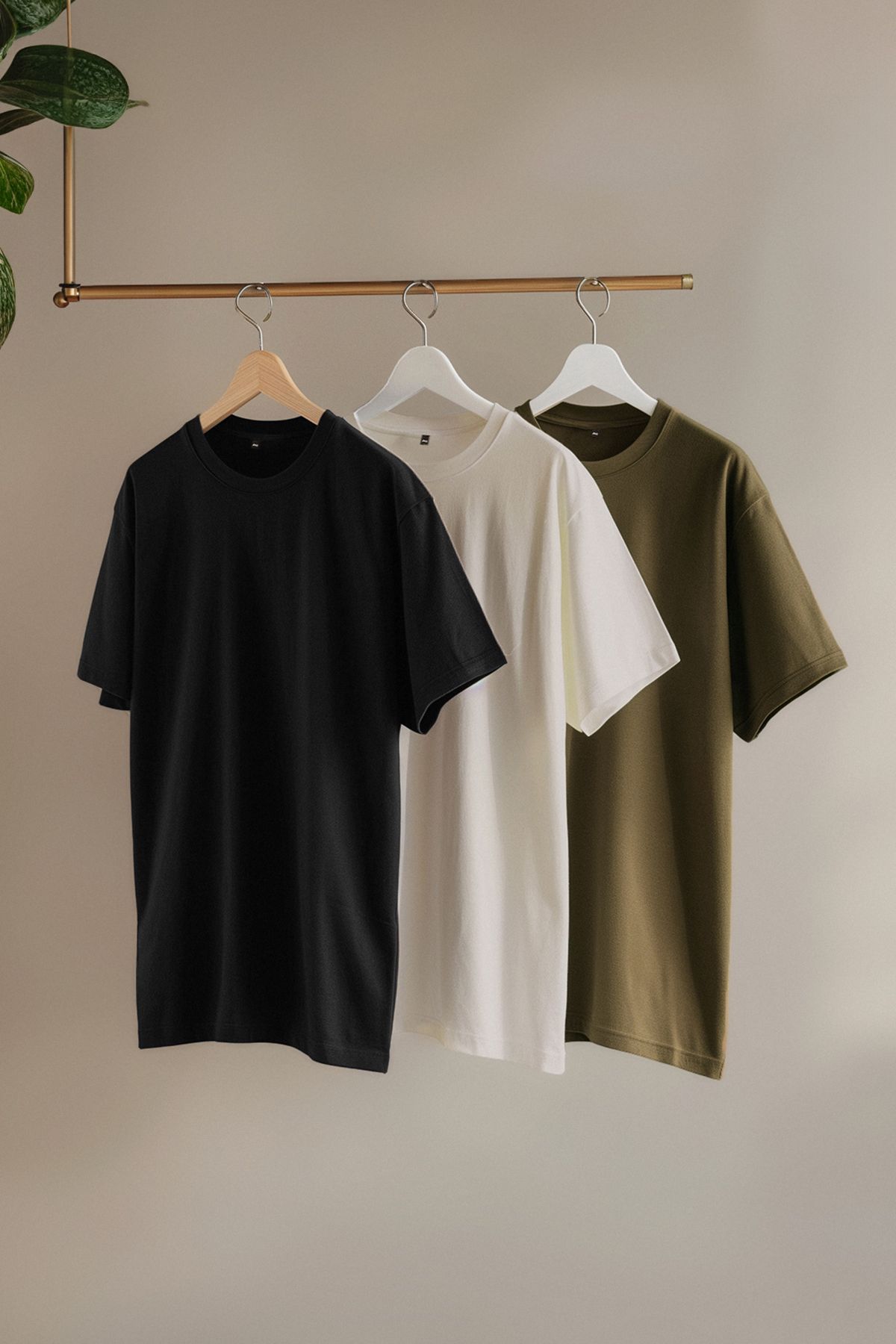 Trendyol Black-Stone-Khaki Large Size 3-Pack Regular Cut 100% Cotton T-Shirt