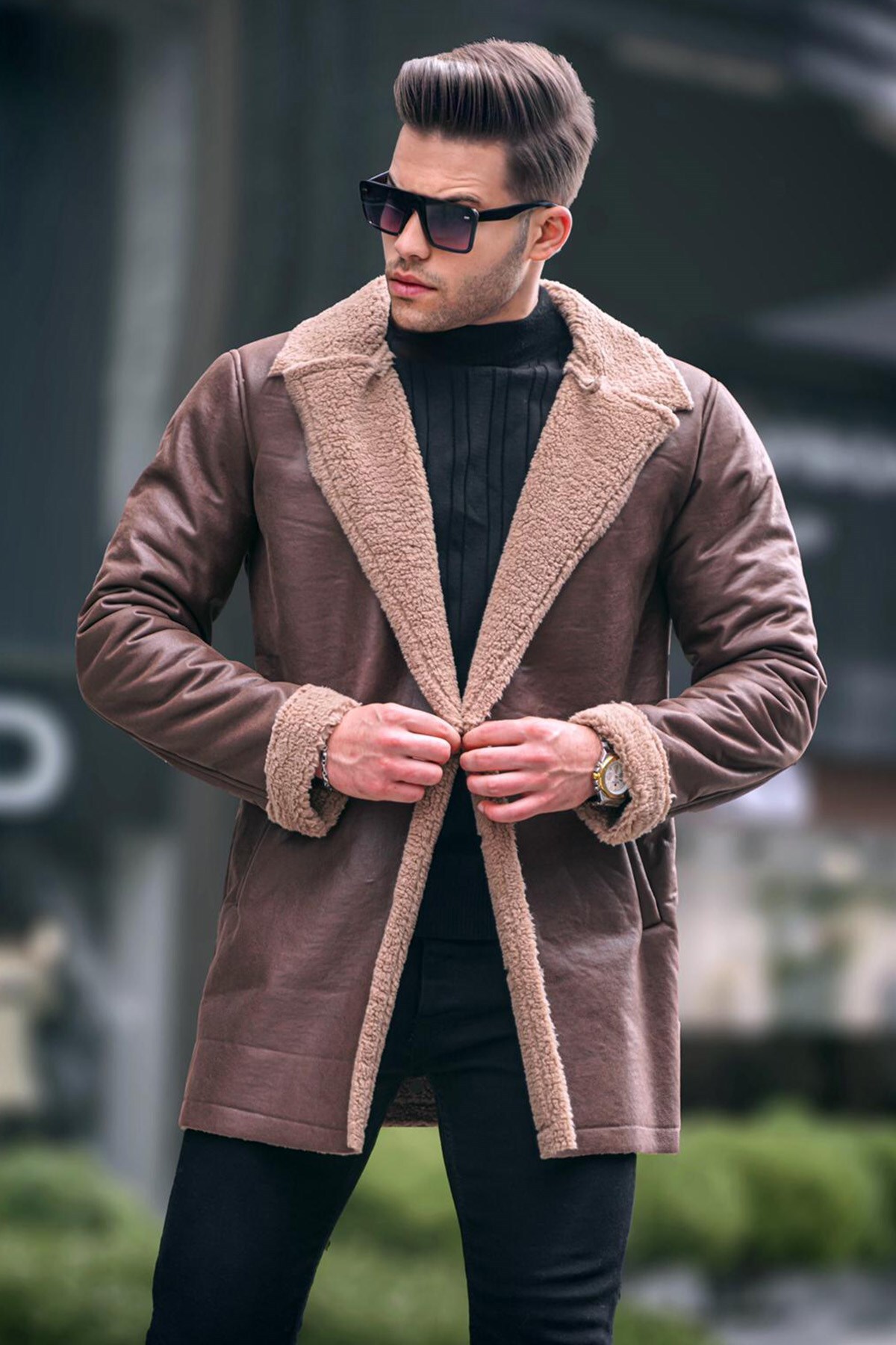Levně Madmext Men's Brown Faux Fur Detailed Coat 6310
