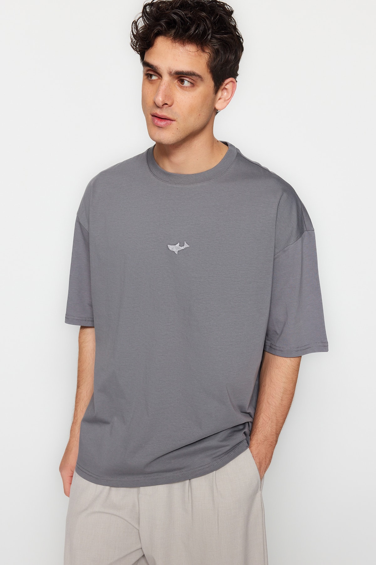 Levně Trendyol Anthracite Oversize Fit Crew Neck Short Sleeve Shark Embroidered T-Shirt