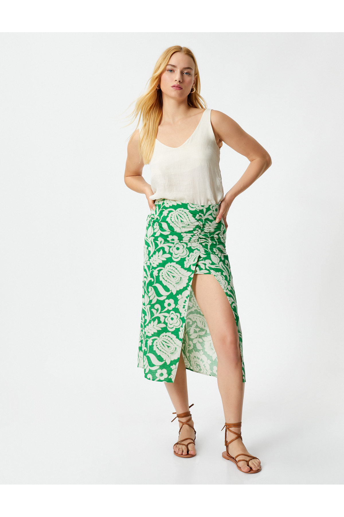 Koton Midi Skirt Floral Slit Gathered Normal Waist Cotton