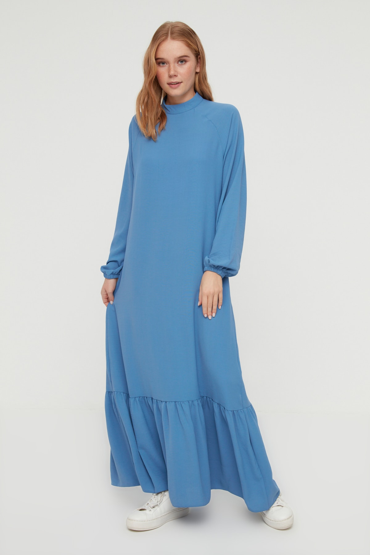 Trendyol Indigo Standing Neck Aerobin Woven Dress with Elastic Elasticated Sleeves
