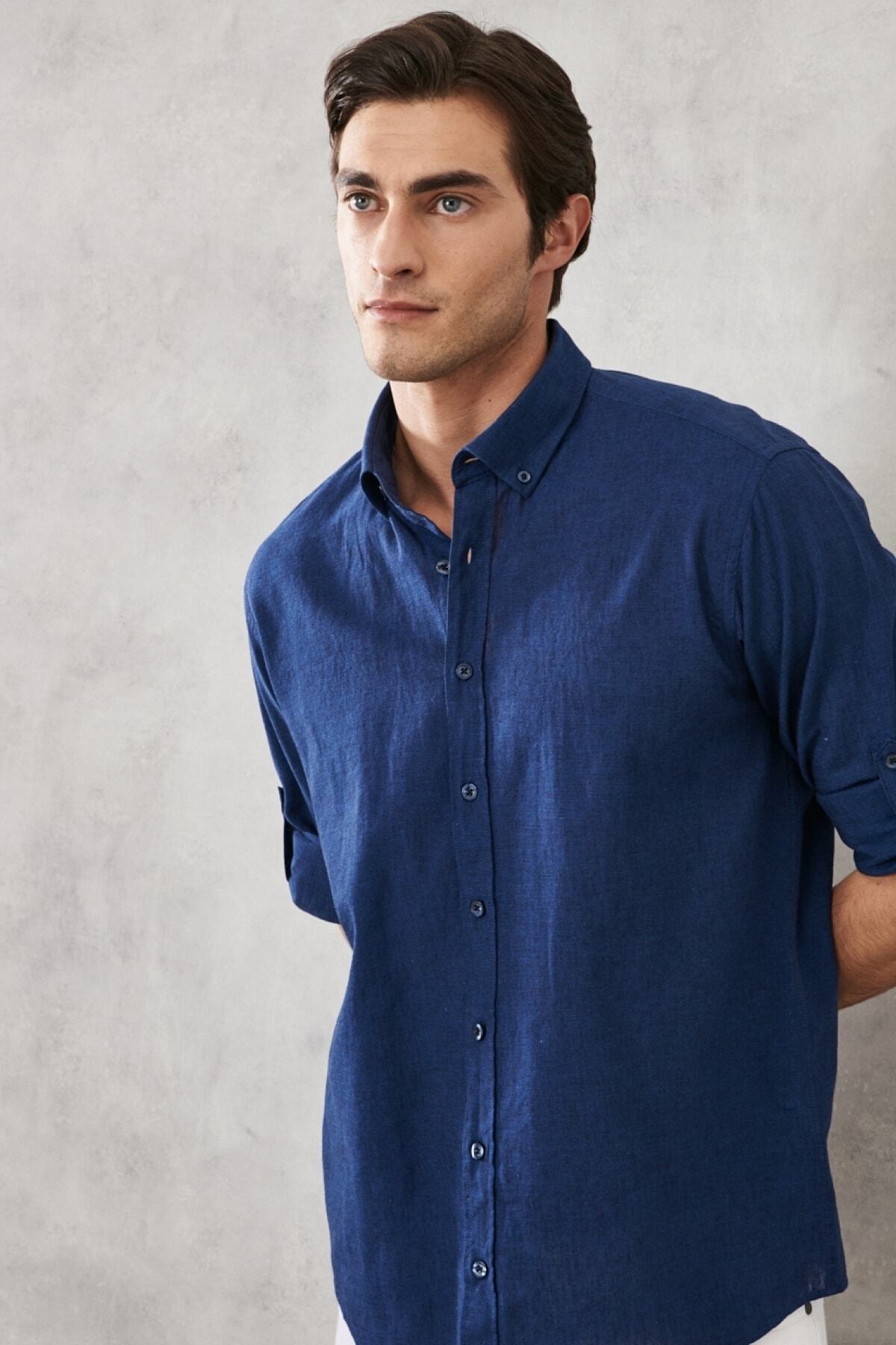 AC&Co / Altınyıldız Classics Men's Indigo Comfort Fit Relaxed Cut Button Collar Casual Linen Shirt