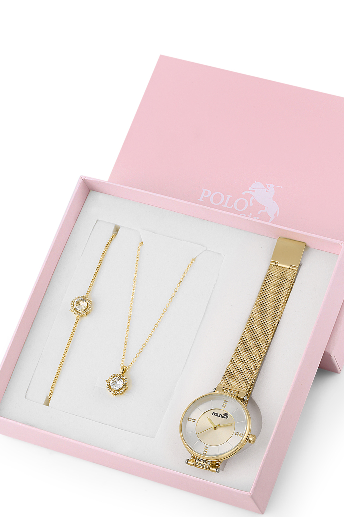 Polo Air Wicker Cord Women's Wristwatch Zircon Stone Necklace Bracelet Special Combination Set Gold Color