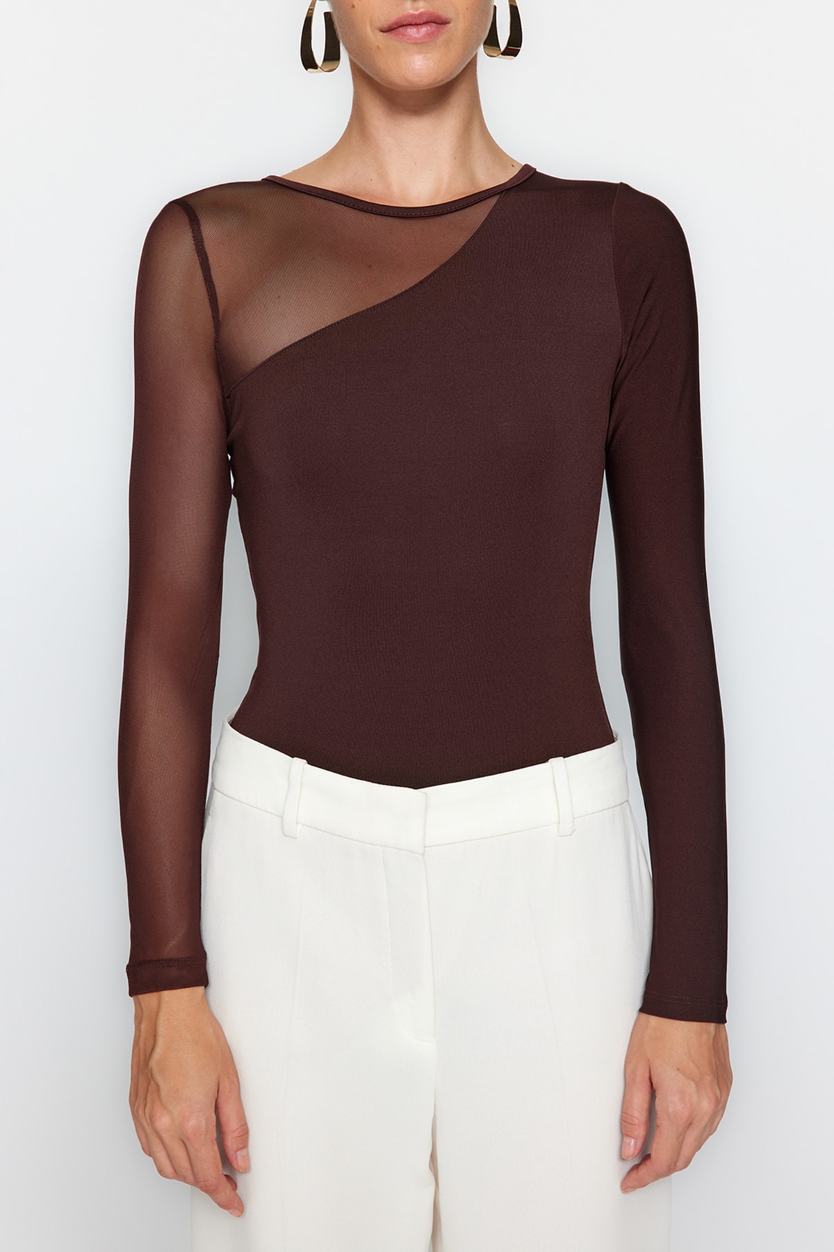 Trendyol Brown Tulle Detailed Snap Snap Elastic Knitted Bodysuit
