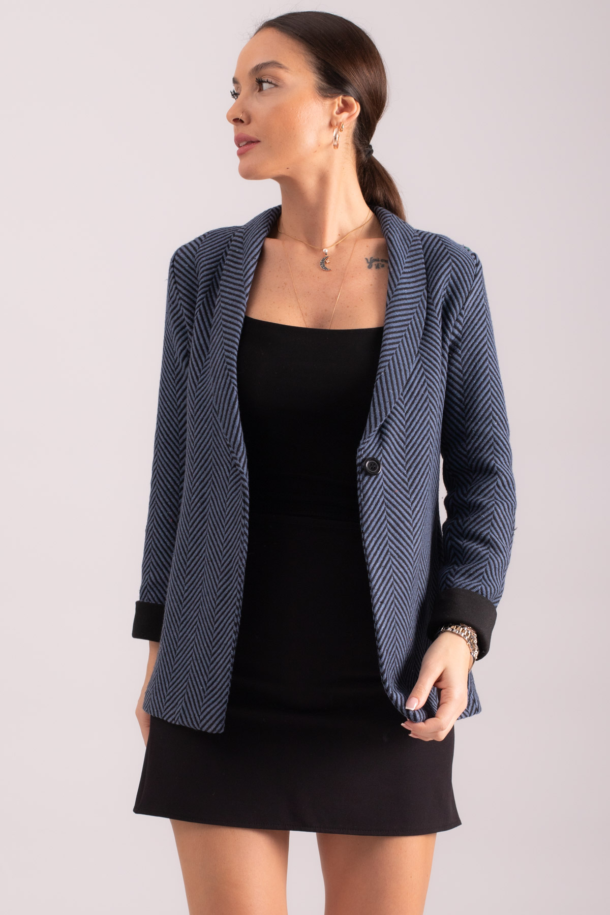 Levně armonika Women's Dark Blue Herringbone Pattern Fold Sleeve Single Button Cachet Jacket