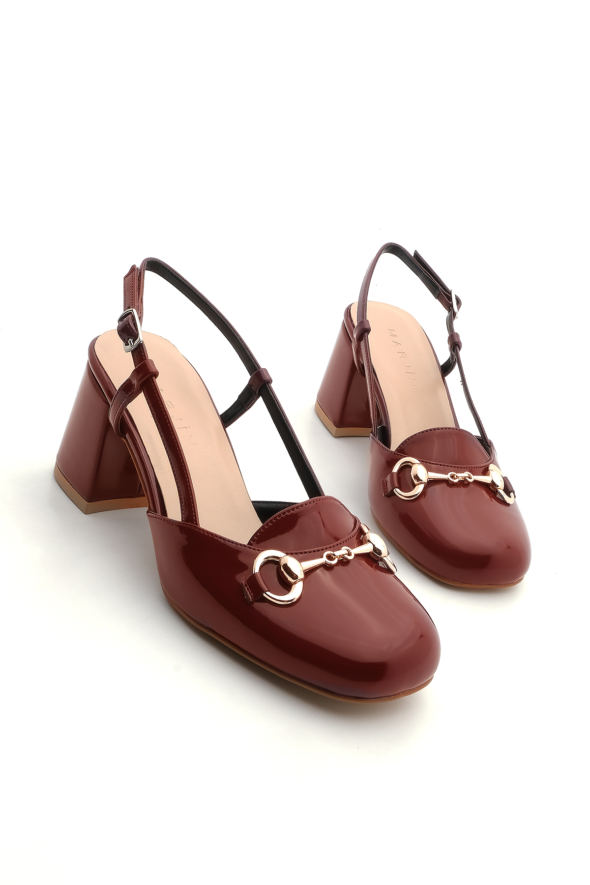 Levně Marjin Women's Chunky Heel Buckled Open Back Classic Heeled Shoes Mirka Burgundy Patent Leather