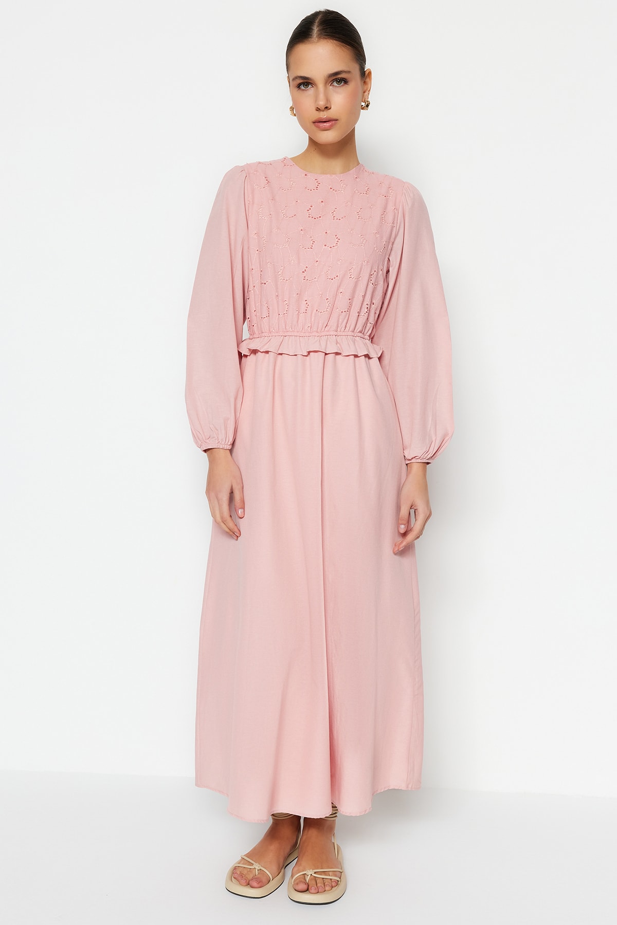 Trendyol Light Pink Brode and Ruffle Detail Cotton Woven Dress