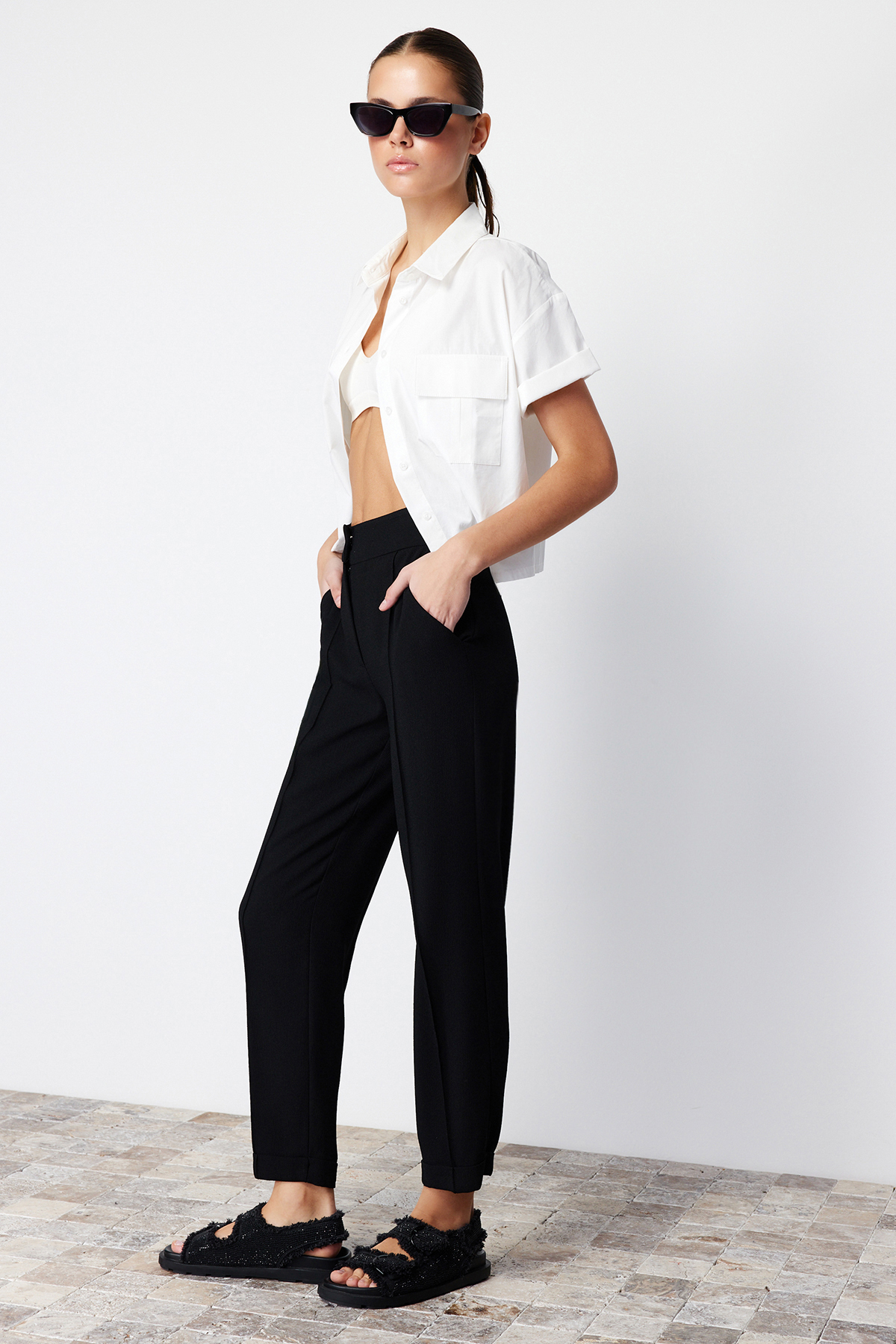 Trendyol Black Cigarette Ribbed Woven Trousers
