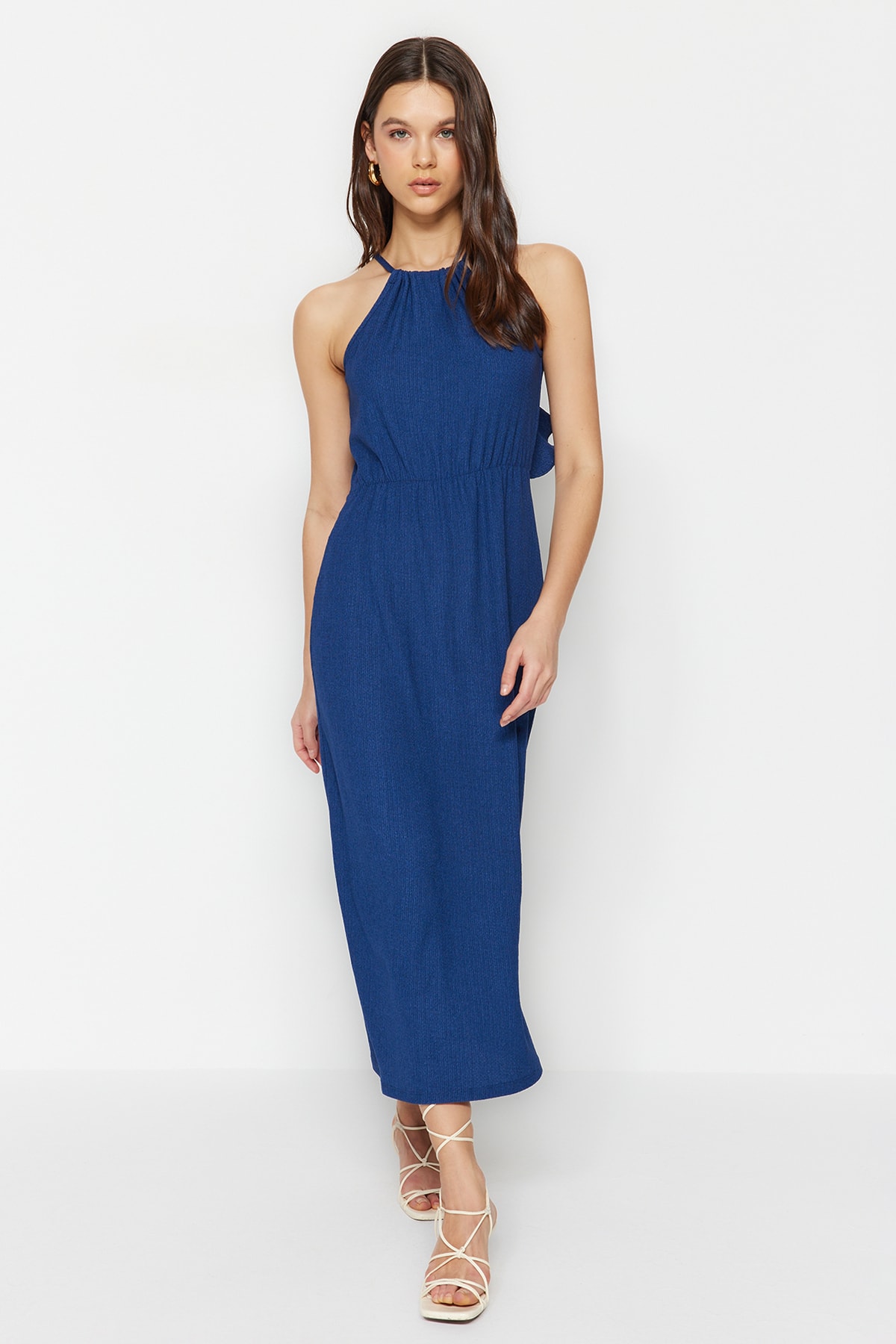 Trendyol Navy Blue Halterneck Crescent Midi Knitted Dress