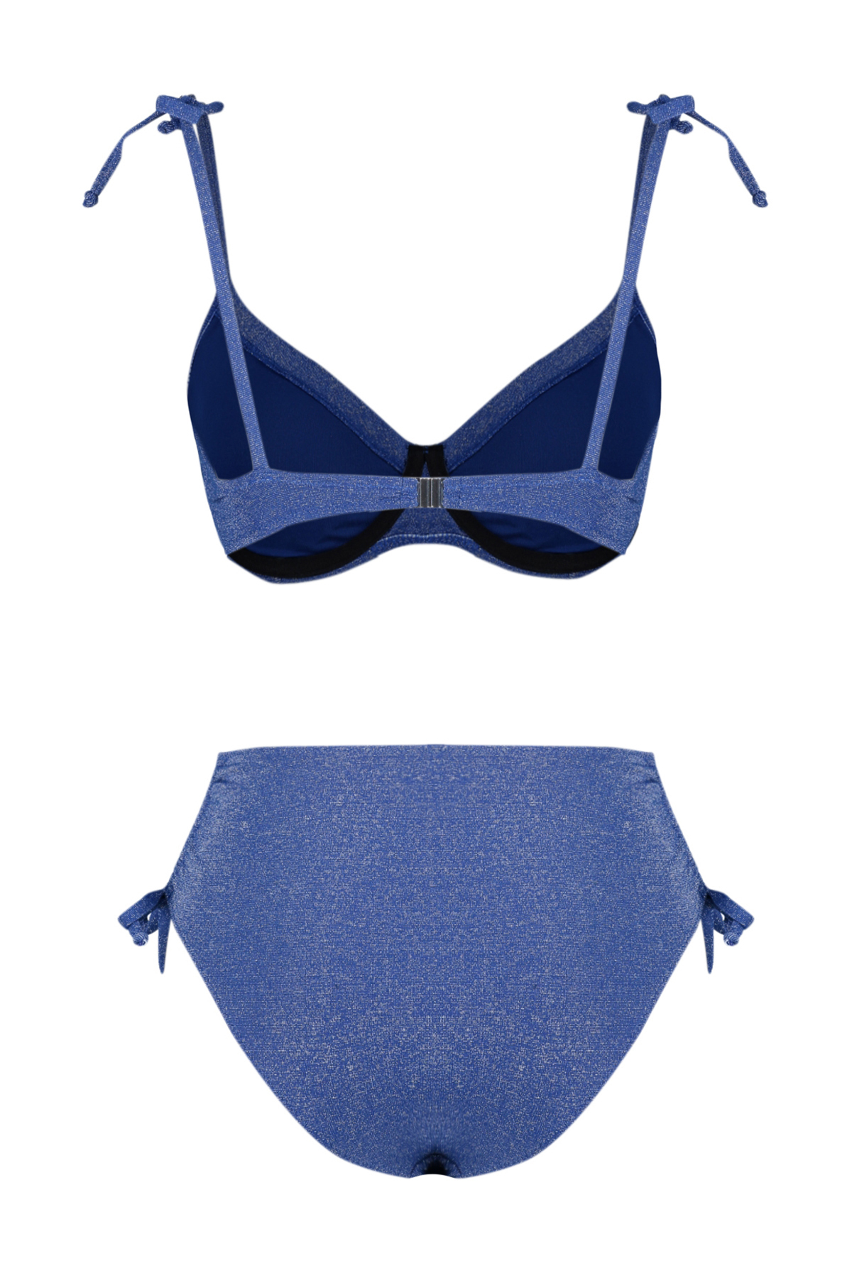 Trendyol Navy Blue Balconette Tie-Up Silvery High Waist Hipster Bikini Set