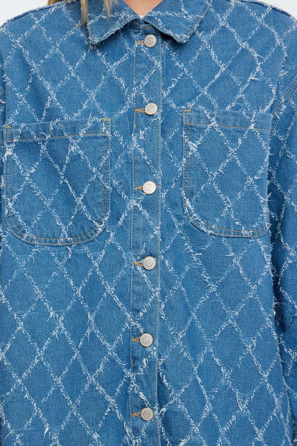 Trendyol Blue Textured Oversize Denim Shirt Jacket
