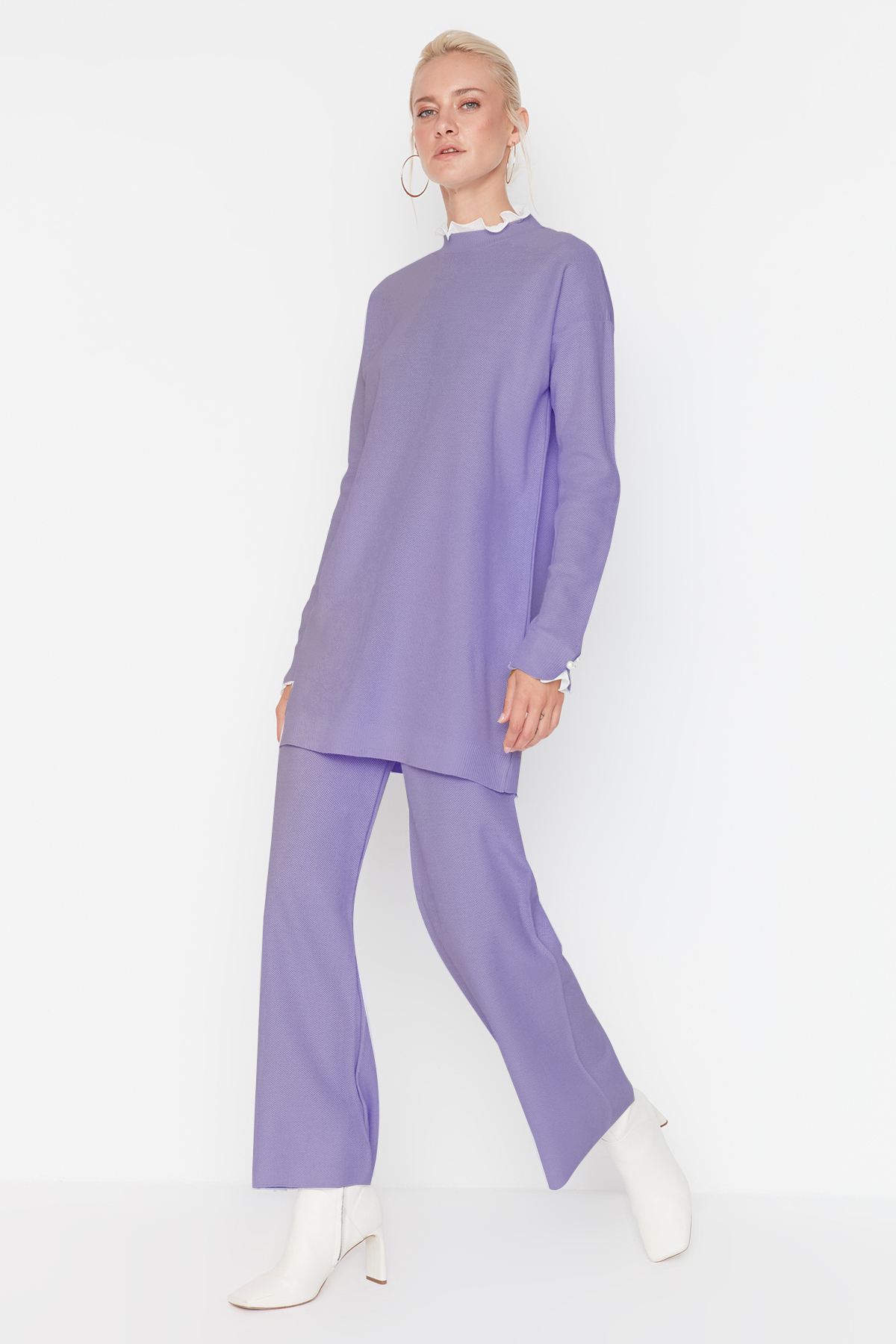 Trendyol Lilac Pearl and Tulle Detailed Sweater-Pants Knitwear Set