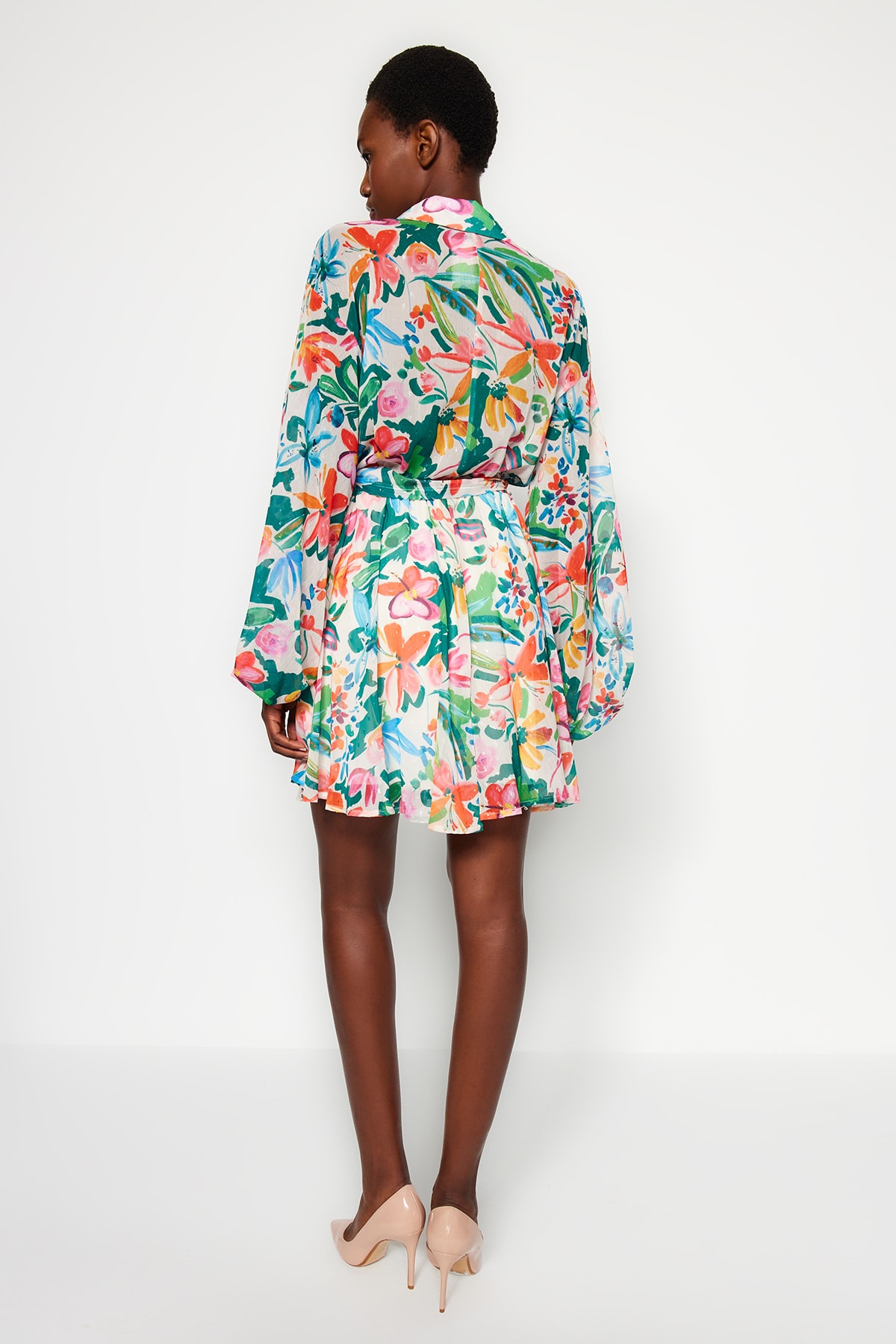 Trendyol Multi Color Floral Pattern Waist Open Mini Lined Chiffon Woven Dress