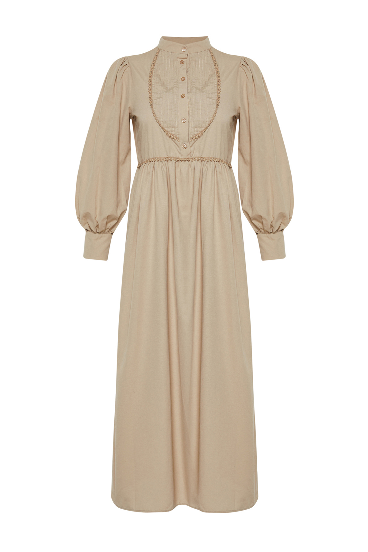 Trendyol Mink High Neck Balloon Sleeve Button and Piping Detailed Woven Dress