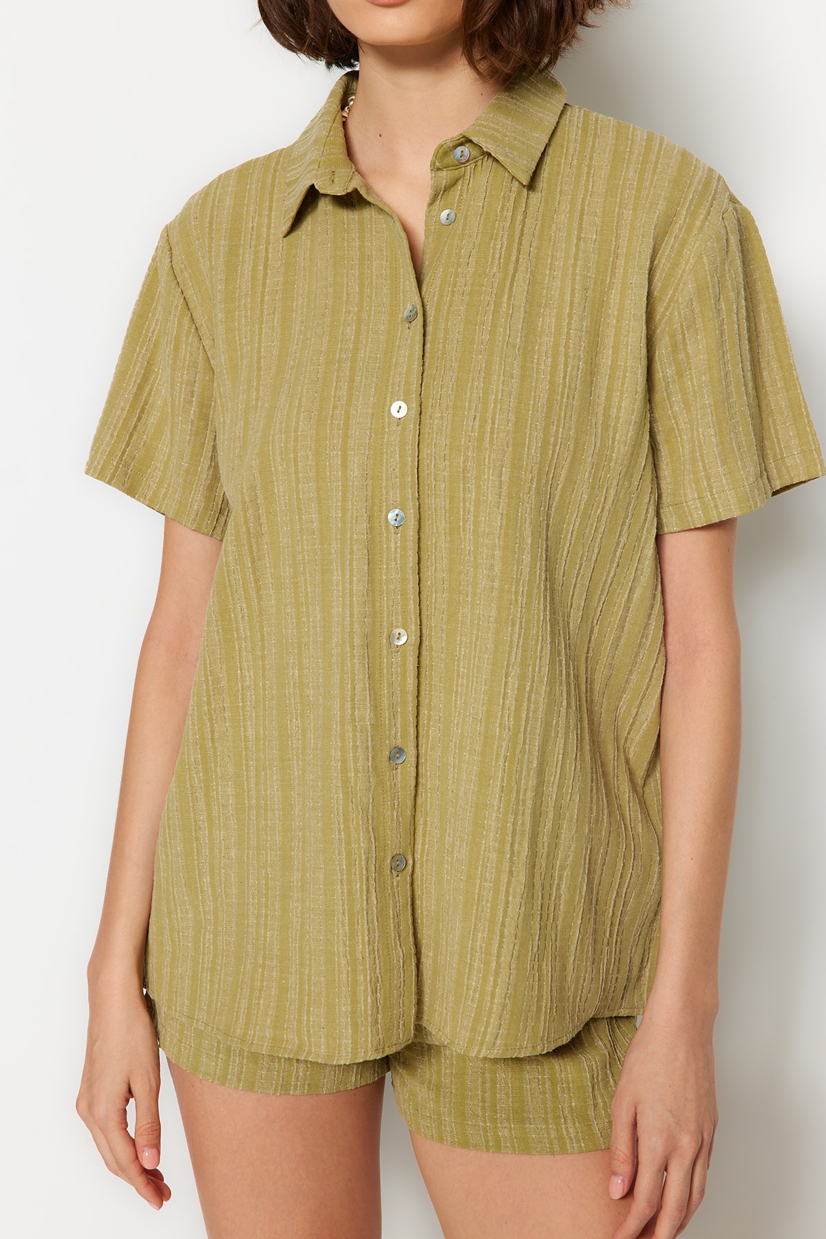 Trendyol Green Woven Linen Blend Shirt Shorts Beach Set