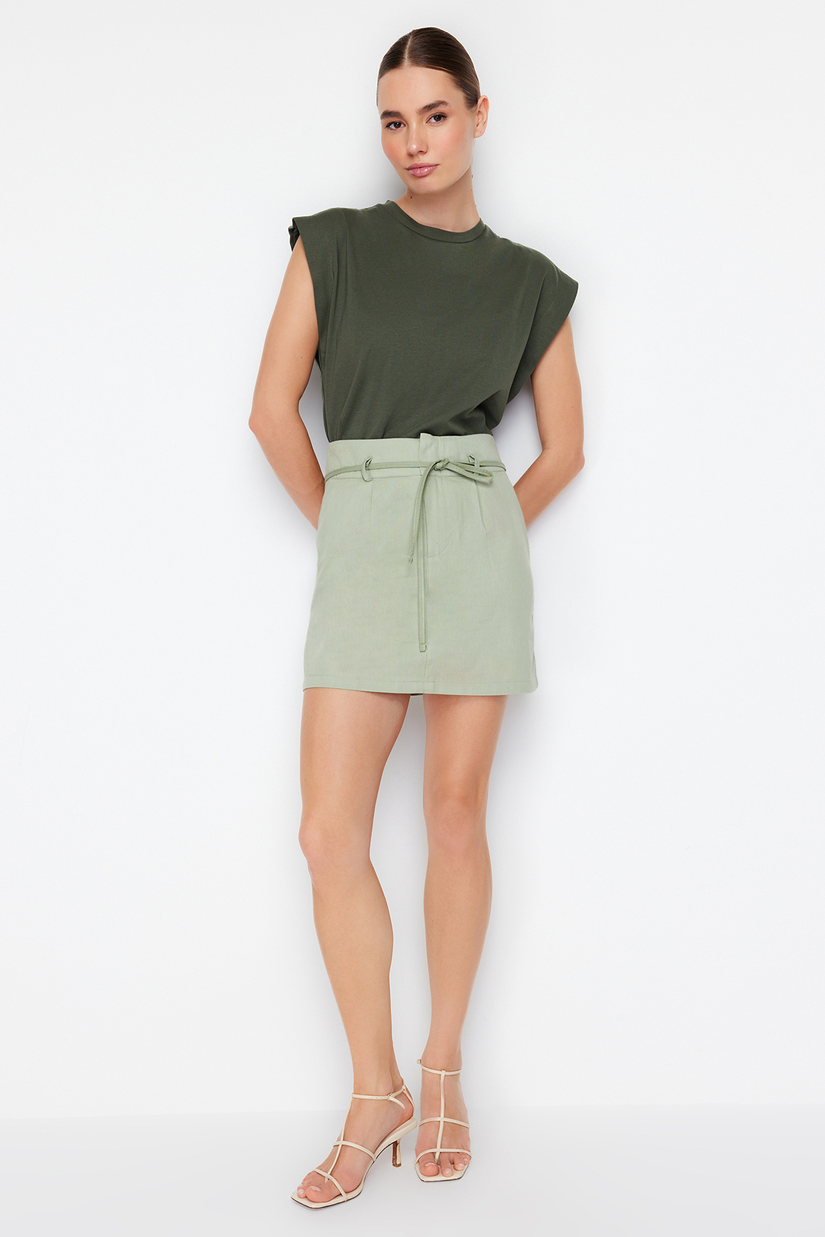 Trendyol Khaki Tie Belt Detailed Mini Length Woven Skirt