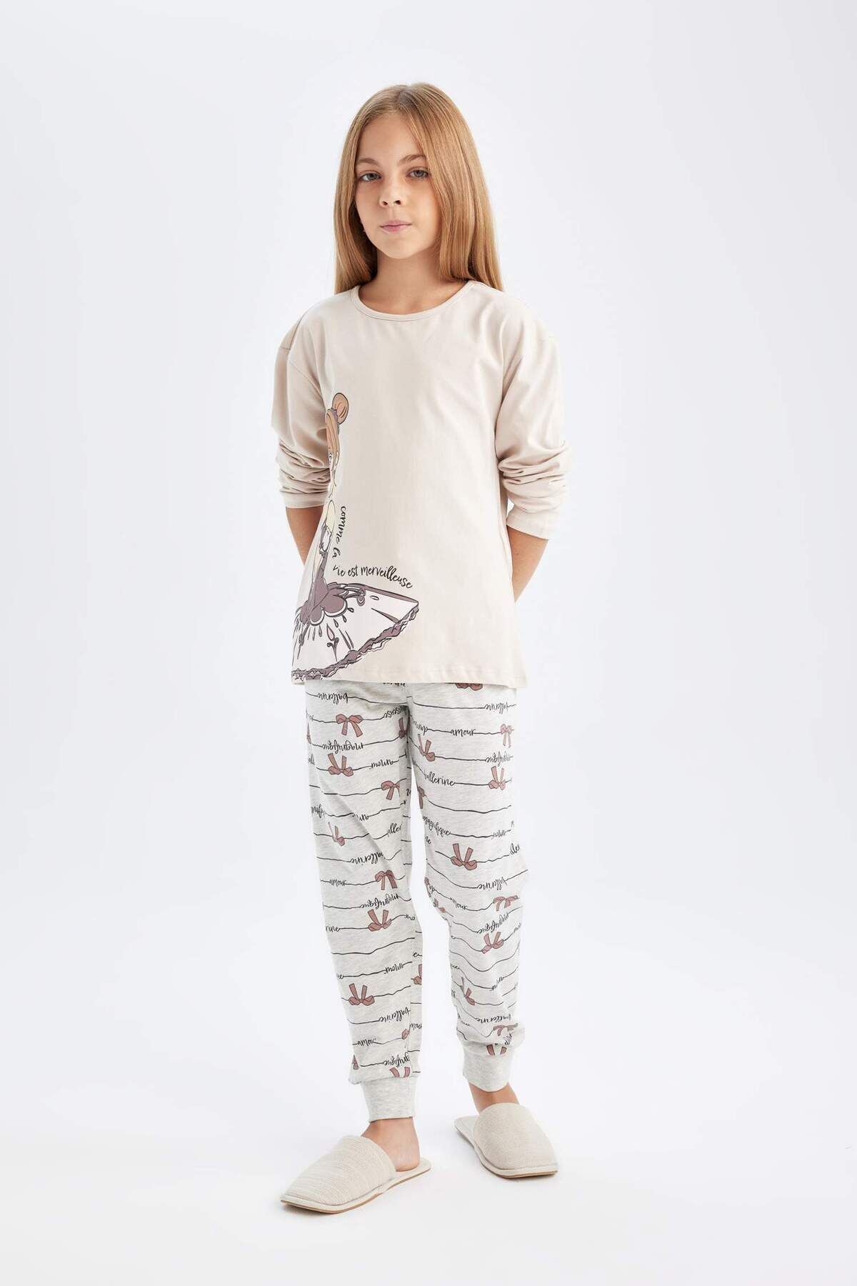 DEFACTO Girl Printed Long Sleeve Thin Pajama Set