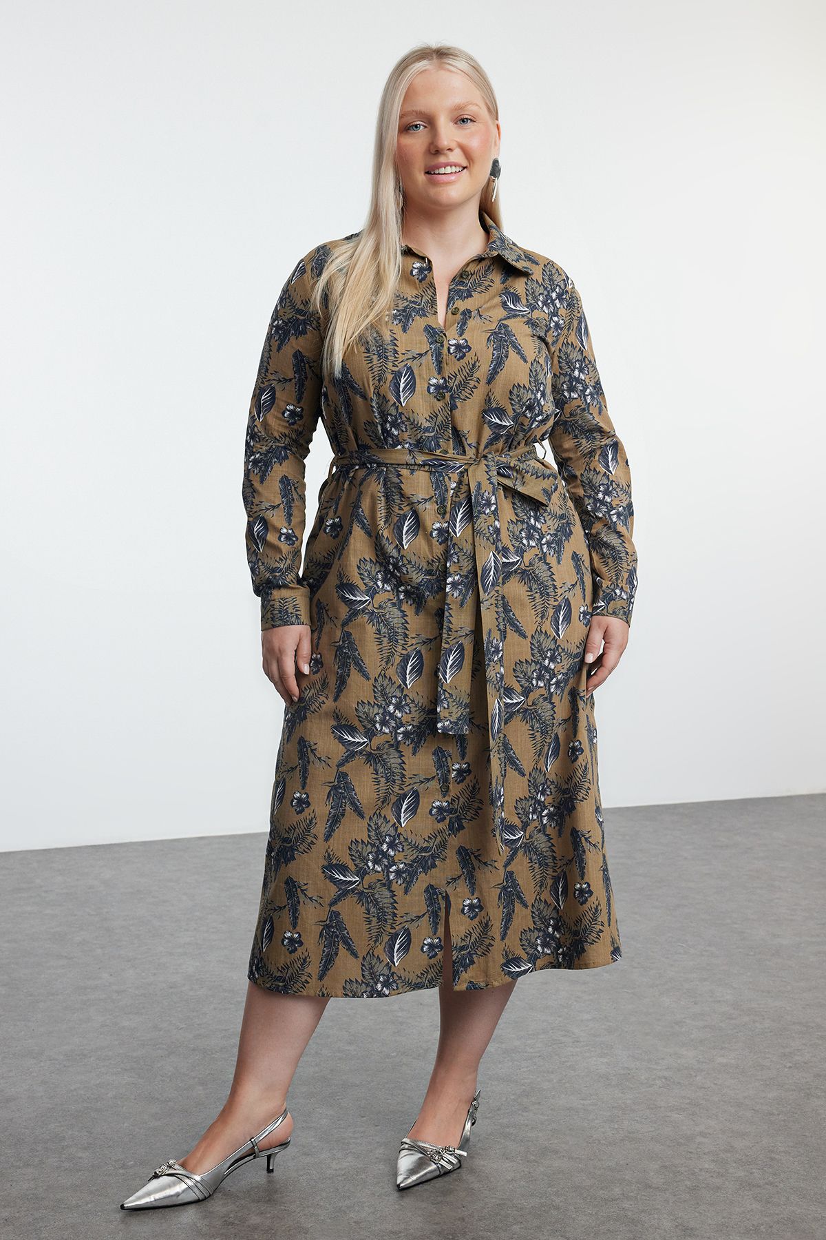 Trendyol Curve Khaki Women's Floral Midi Buttoned Belted Woven Plus Size Shirt Dress
