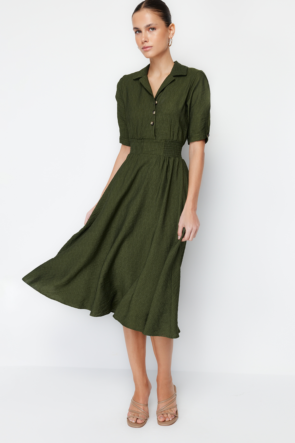 Trendyol Khaki A-line Shirt Collar Guiped Midi Woven Dress
