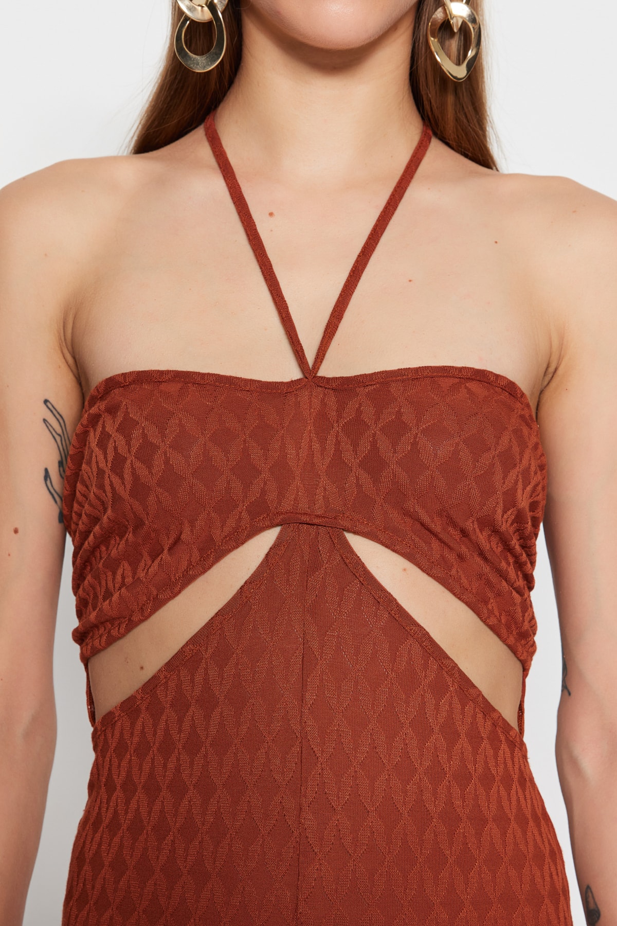 Trendyol Cinnamon Knitted Window/Cut Out Detail Textured Self Patterned Jumpsuit