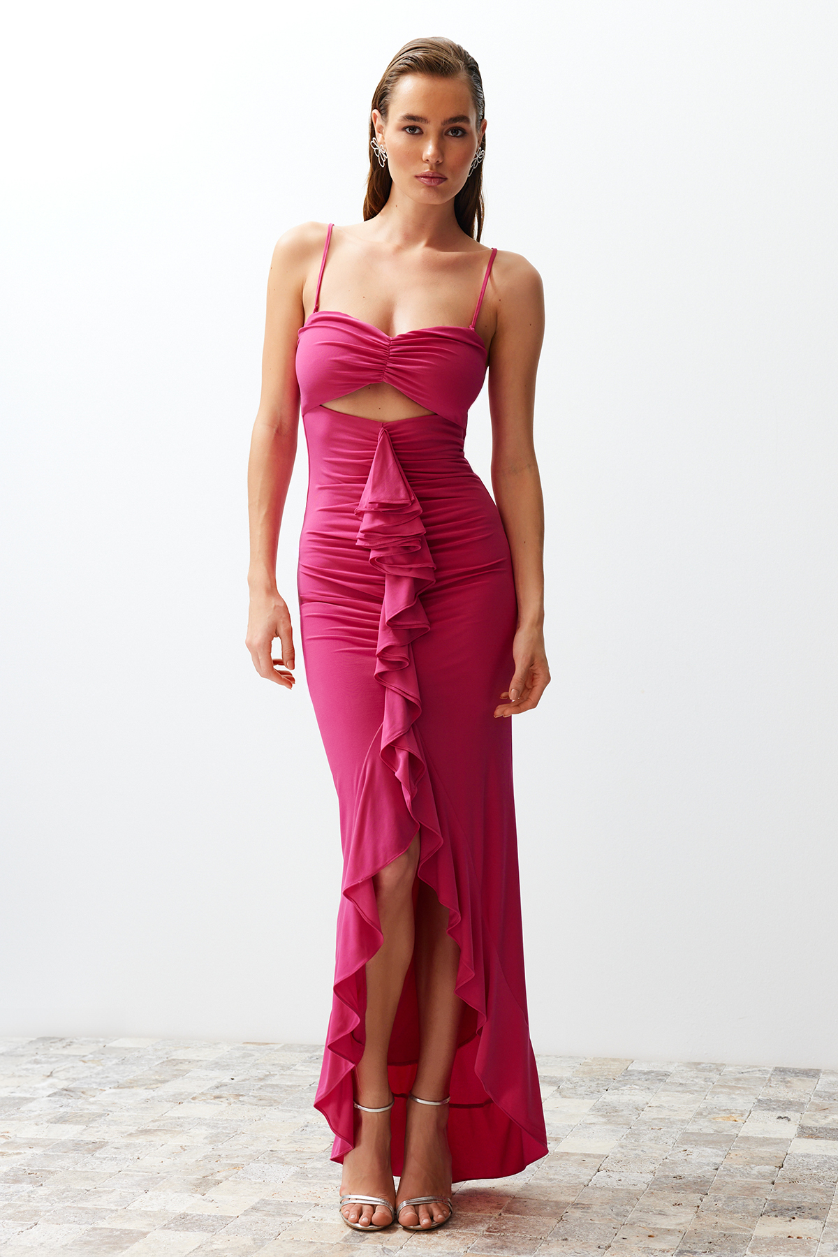 Trendyol Fuchsia Body-Sit Ruffle Knitted Long Elegant Evening Dress
