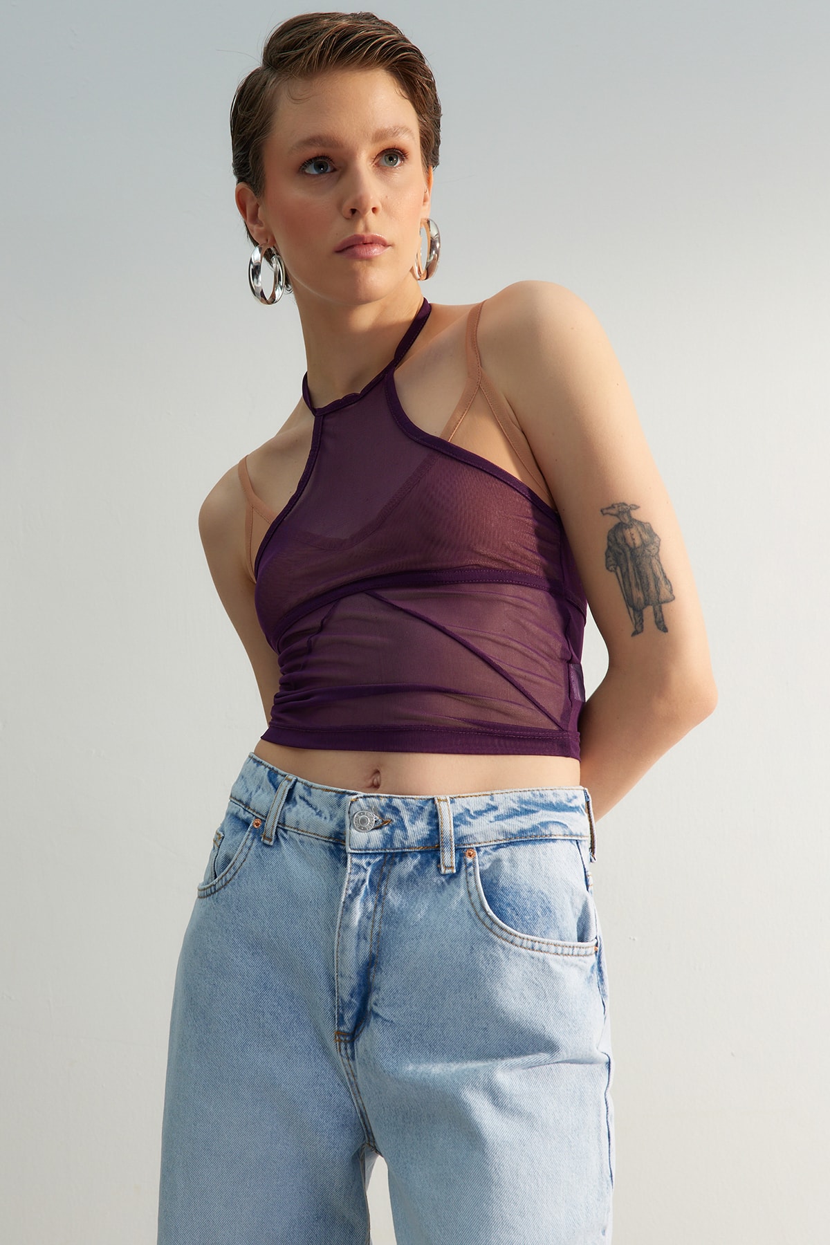 Trendyol Limited Edition Purple Halterneck Fitted/Situated Tulle Knitted Blouse