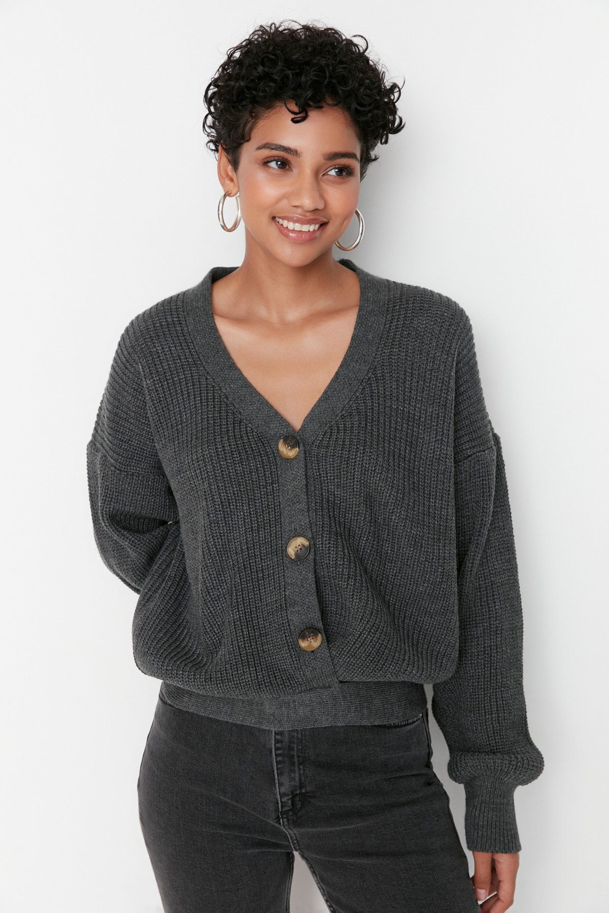Trendyol Anthracite Cord Detailed Knitwear Cardigan