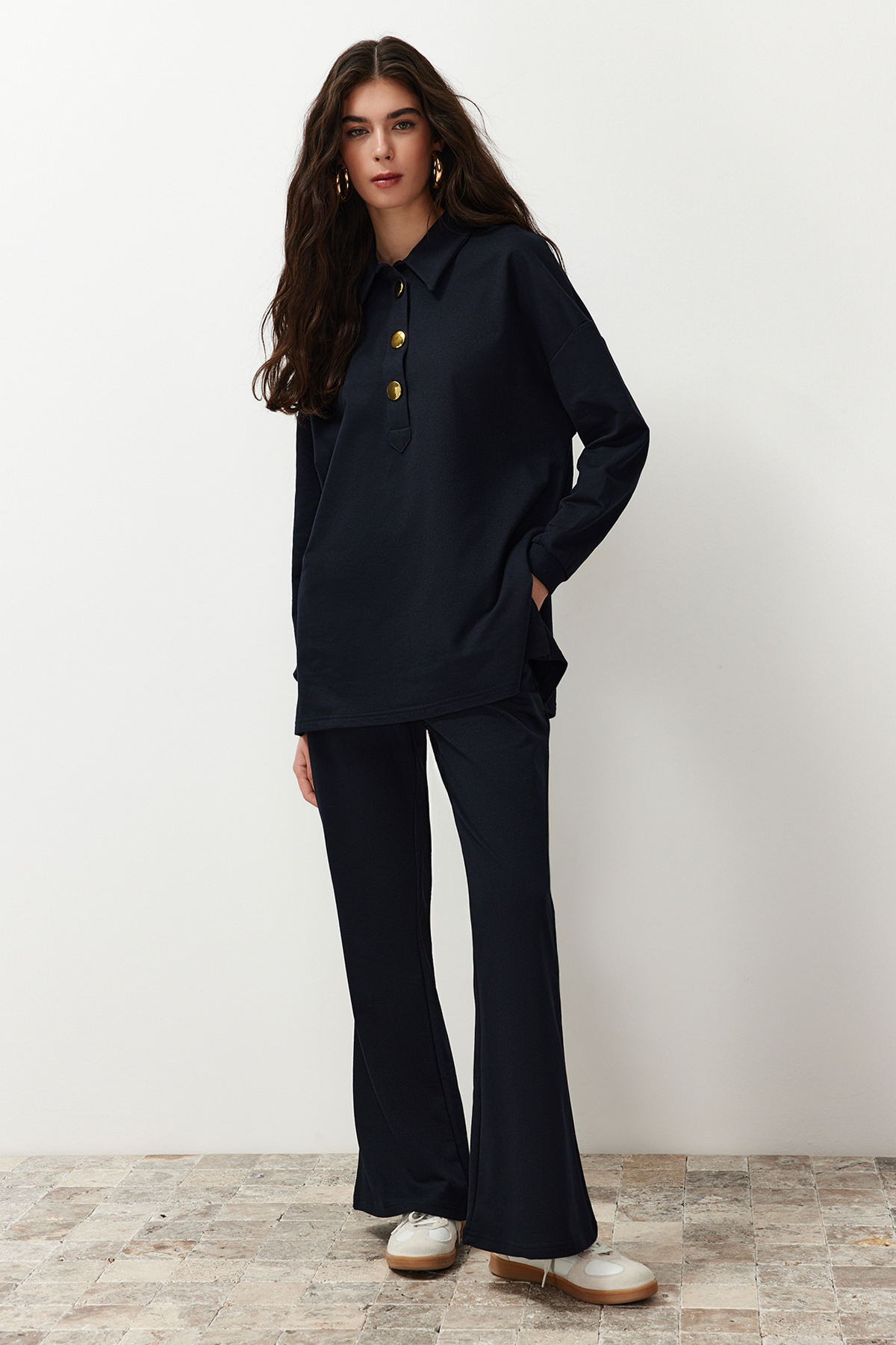 Trendyol Black Oversize Polo Collar Gold Button Detailed Knitted Bottom-Top Set