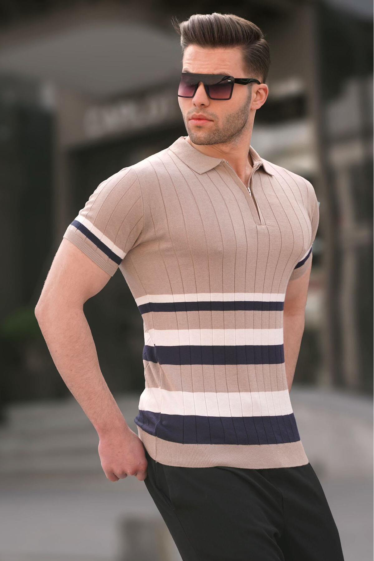Levně Madmext Striped Knitwear Mink Polo Neck T-Shirt 6356