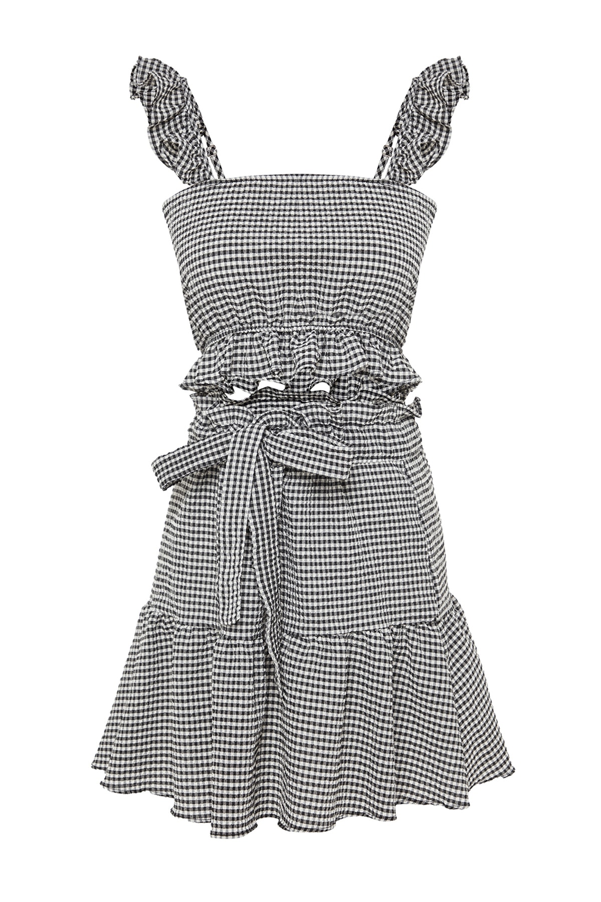 Trendyol Gingham Patterned Woven Ruffle Blouse and Skirt Set