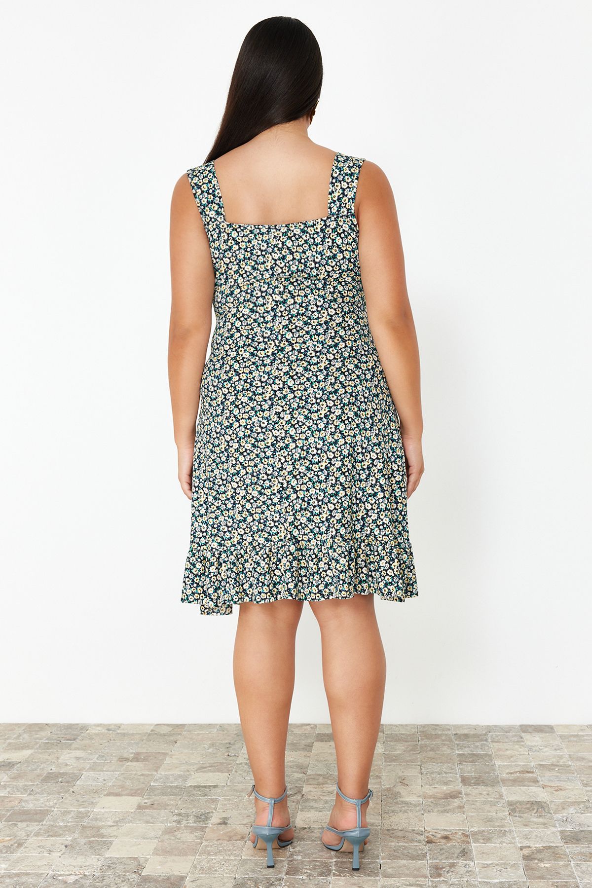 Trendyol Curve Multicolored Floral Patterned Ruffle A-Line Mini Summer Knitted Dress with Bow Collar