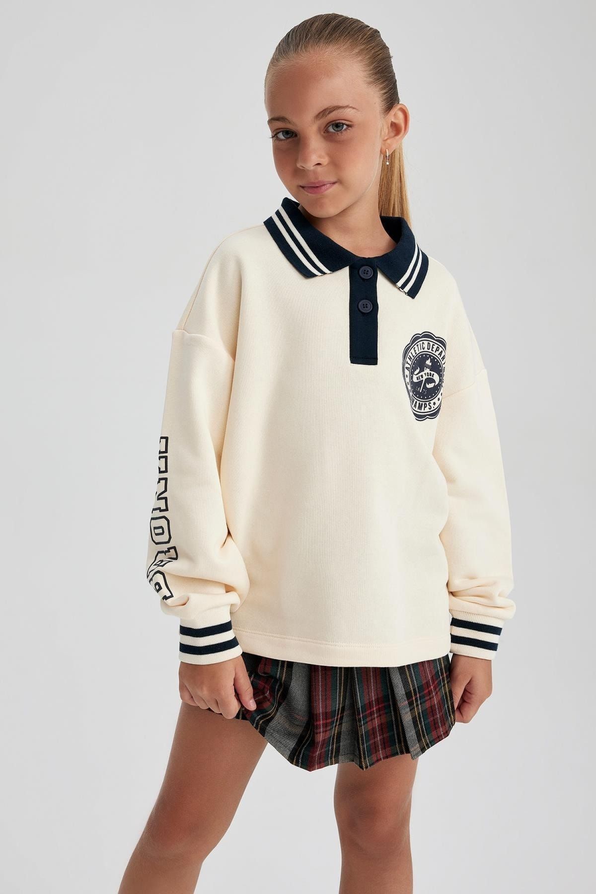 DEFACTO Girl Oversize Fit Polo Neck School Sweatshirt