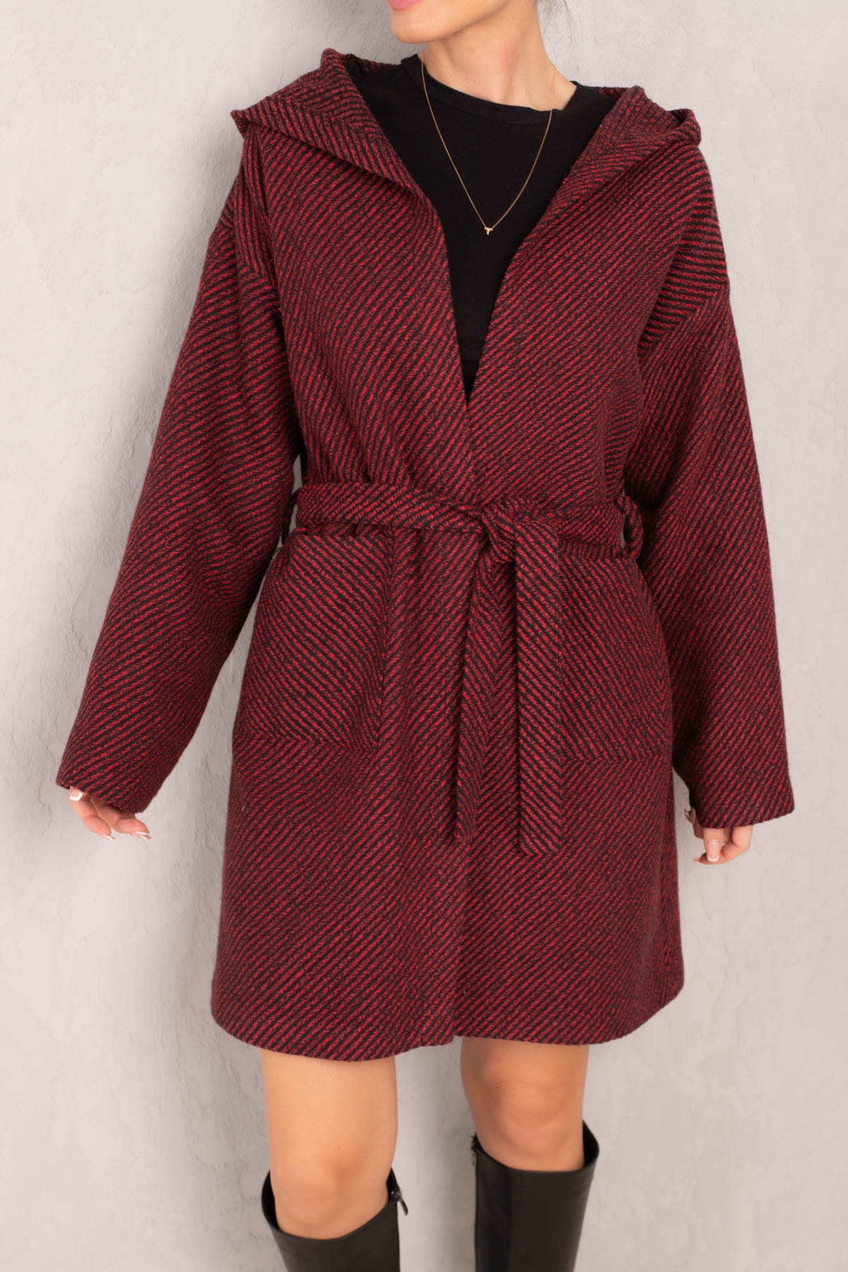 armonika Women's Burgundy Waist Belted Pocket Hooded Oversize Cashmere Coat