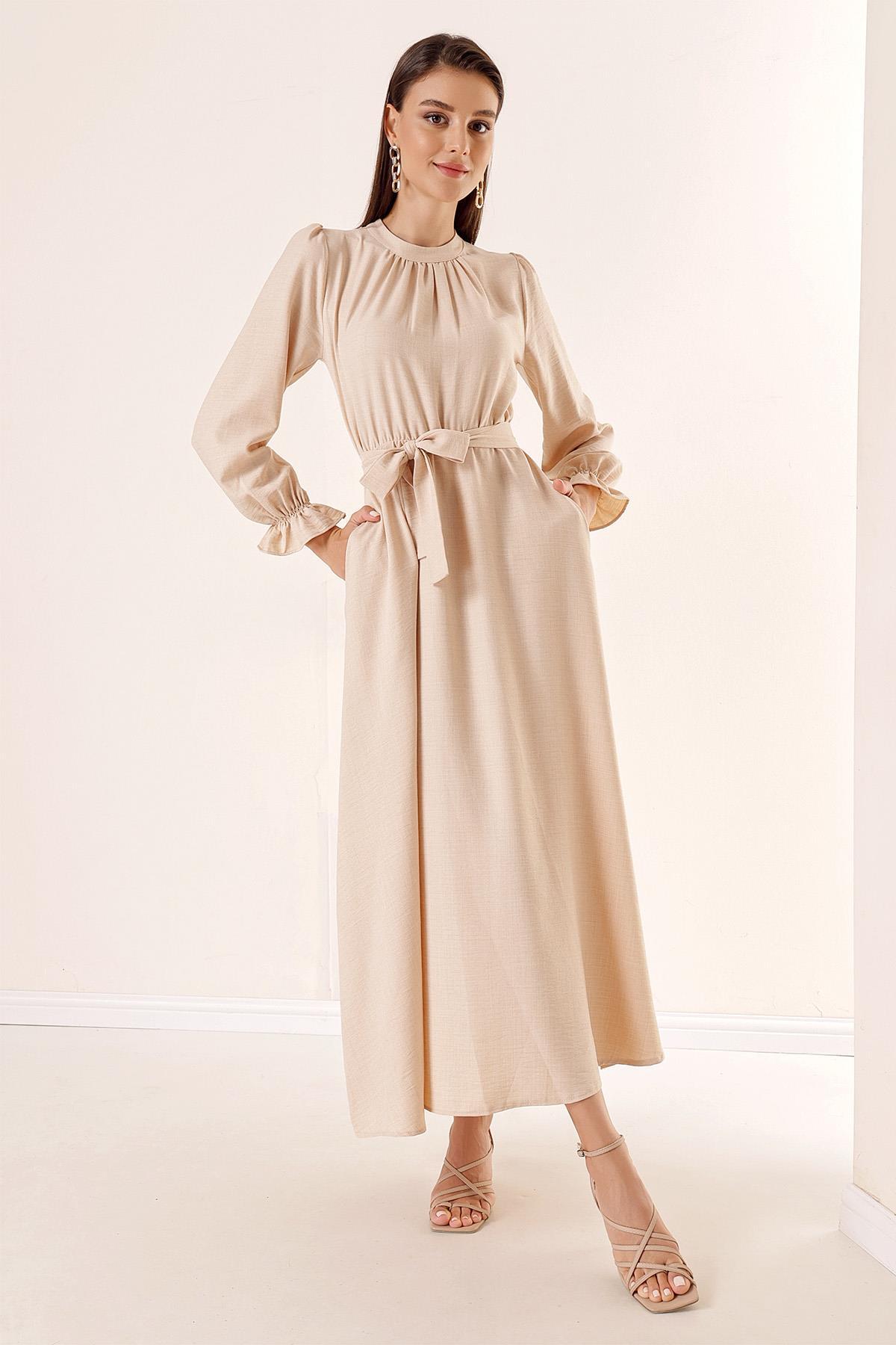 Levně By Saygı Belted Waist Linen Effect Long Dress with Side Pockets