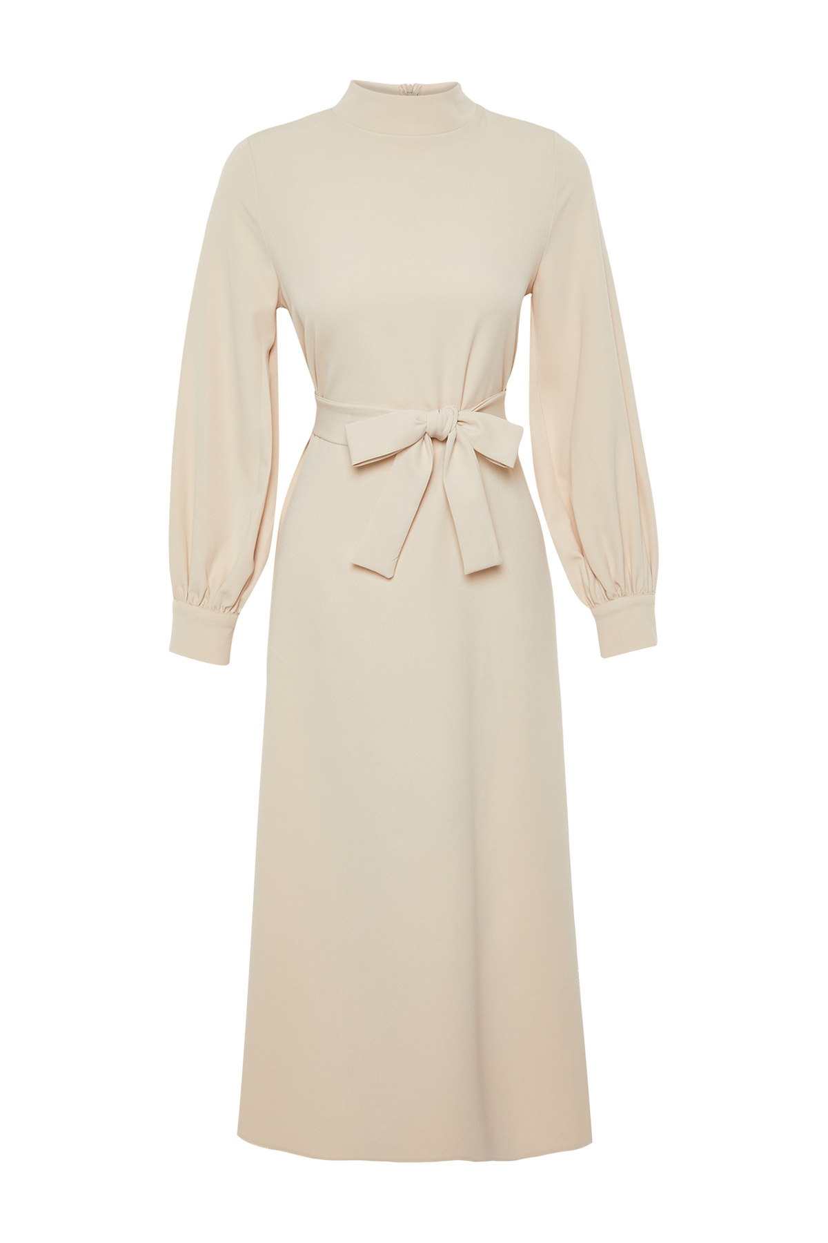 Trendyol Beige Stand Collar Belt Detailed Woven Dress