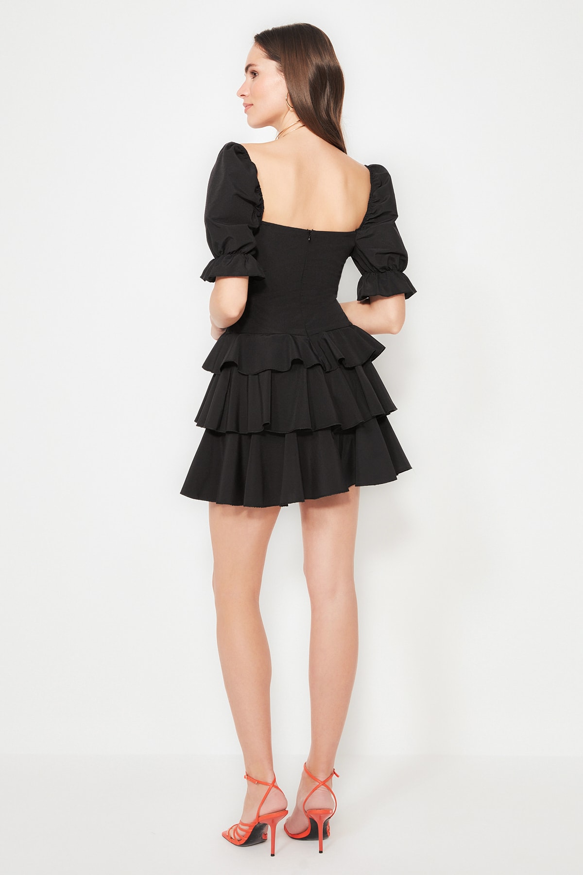 Trendyol Black Open Talie/Skater Flounce Poplin Rochie eleganta de seara