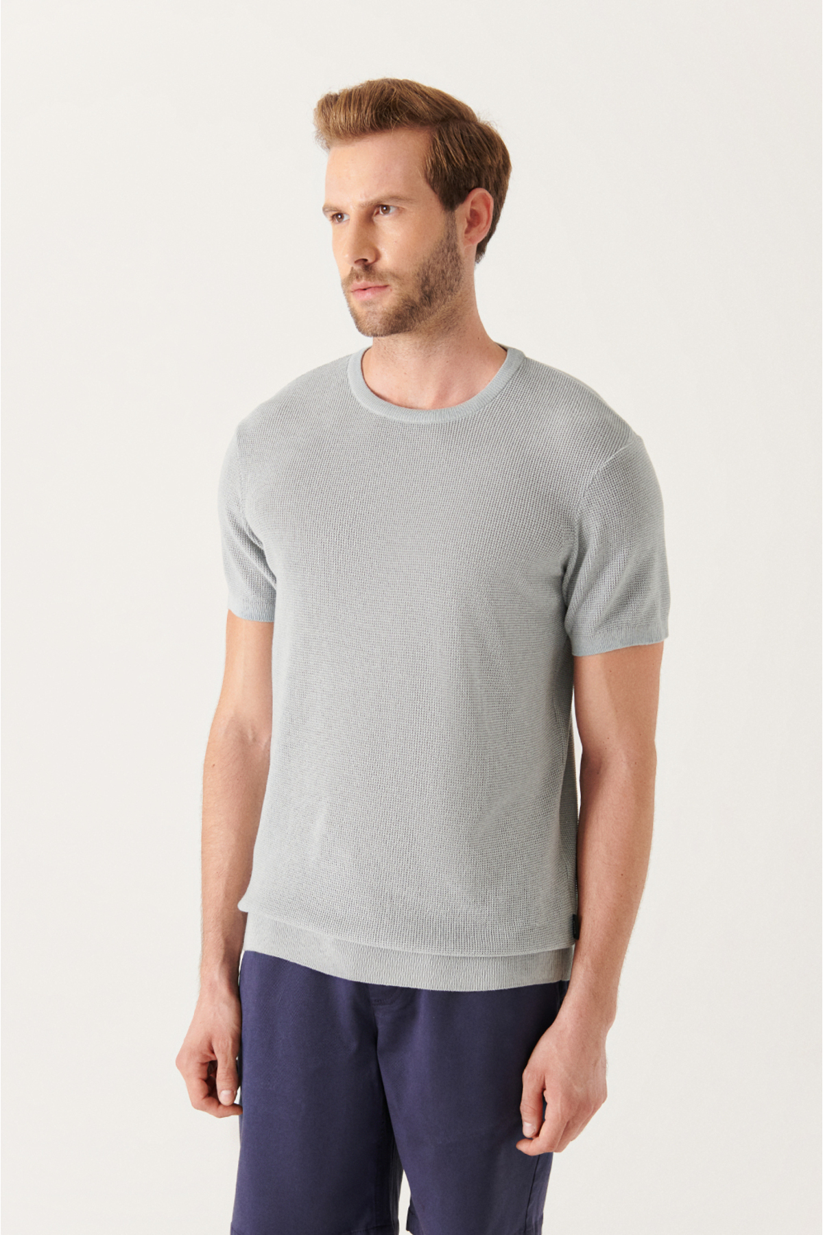 Avva Men's Gray Crew Neck Textured Ribbed Standard Fit Regular Fit Knitwear T-shirt