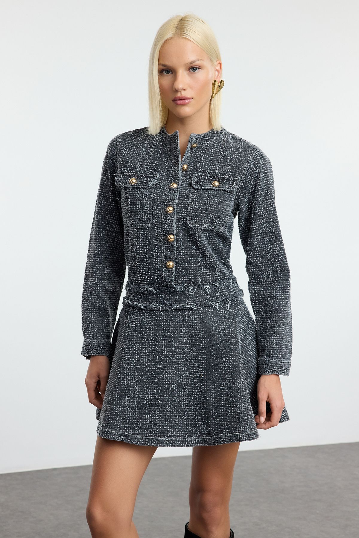 Trendyol Gray Textured Flounce Skirt Mini Denim Dress
