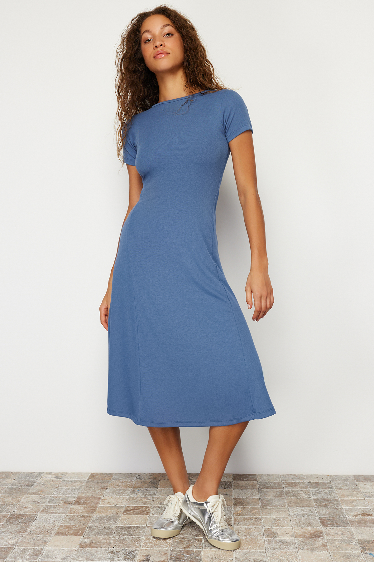 Trendyol Blue Skirt Flounced Midi Stretchy Knitted Maxi Dress
