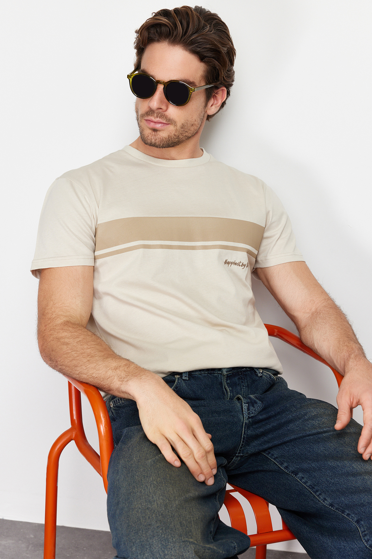 Levně Trendyol Stone Regular/Real Fit Crew Neck Short Sleeve Striped Printed 100% Cotton T-shirt