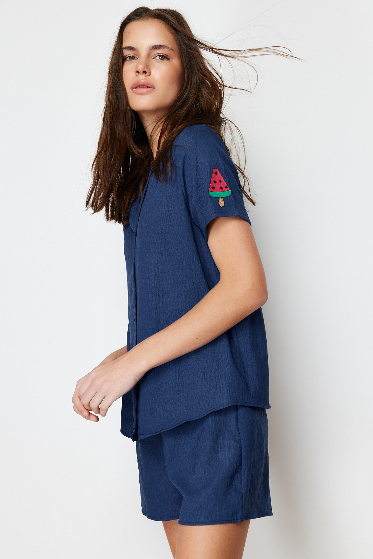Trendyol Navy Blue Watermelon Embroidered Woven Pajamas Set