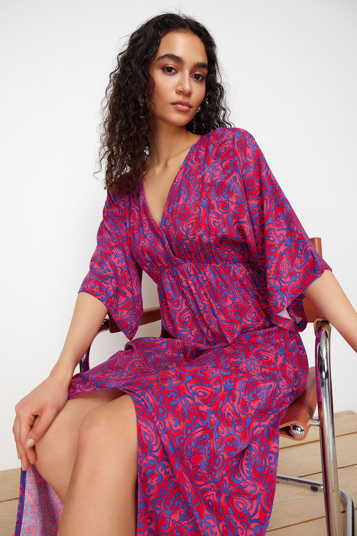 Trendyol Fuchsia Floral Print A-line Double-breasted Collar Midi Woven Dress