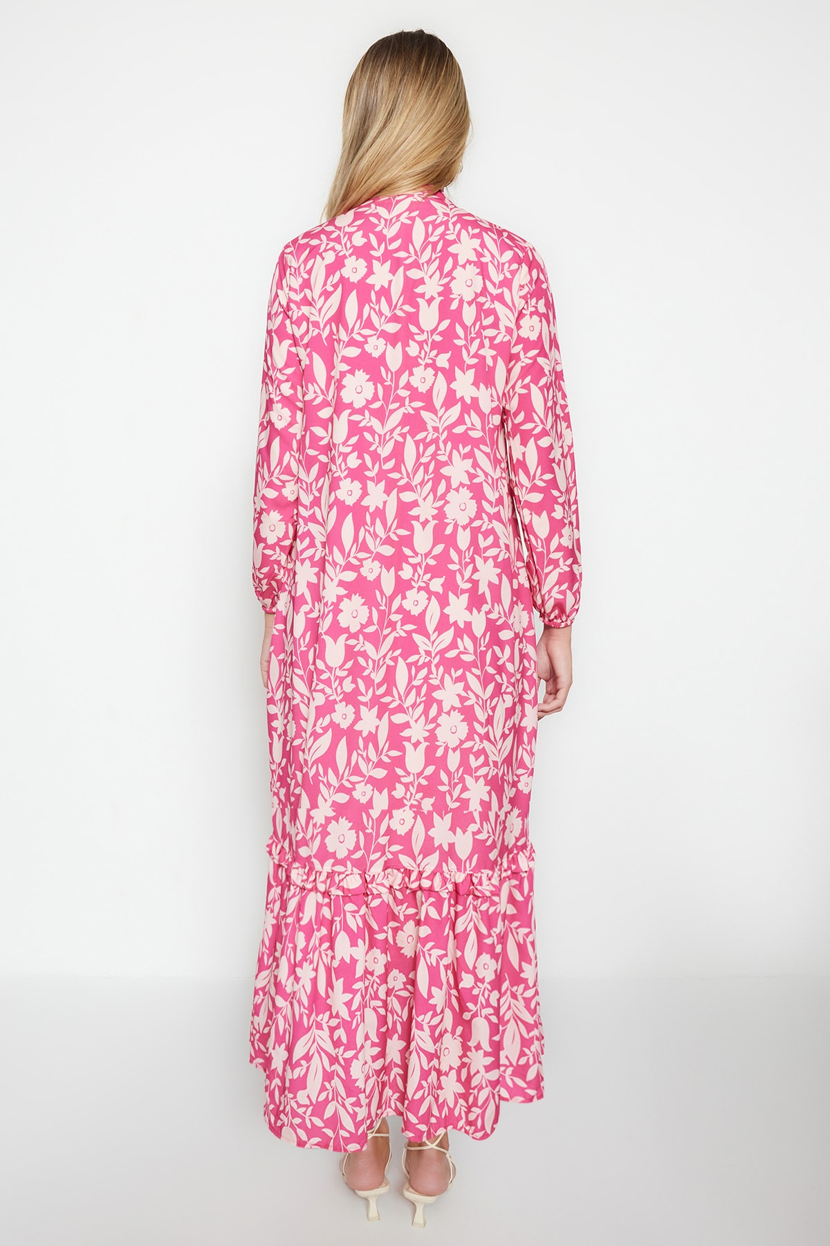 Trendyol Dark Pink Floral Half Pat Hem Frilly Lined Woven Dress