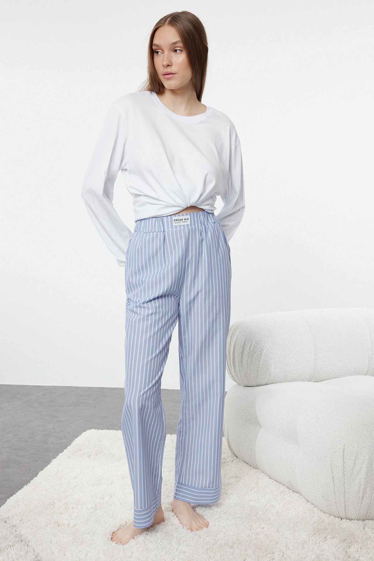 Trendyol Blue Striped Label Detailed Woven Pajama Bottoms