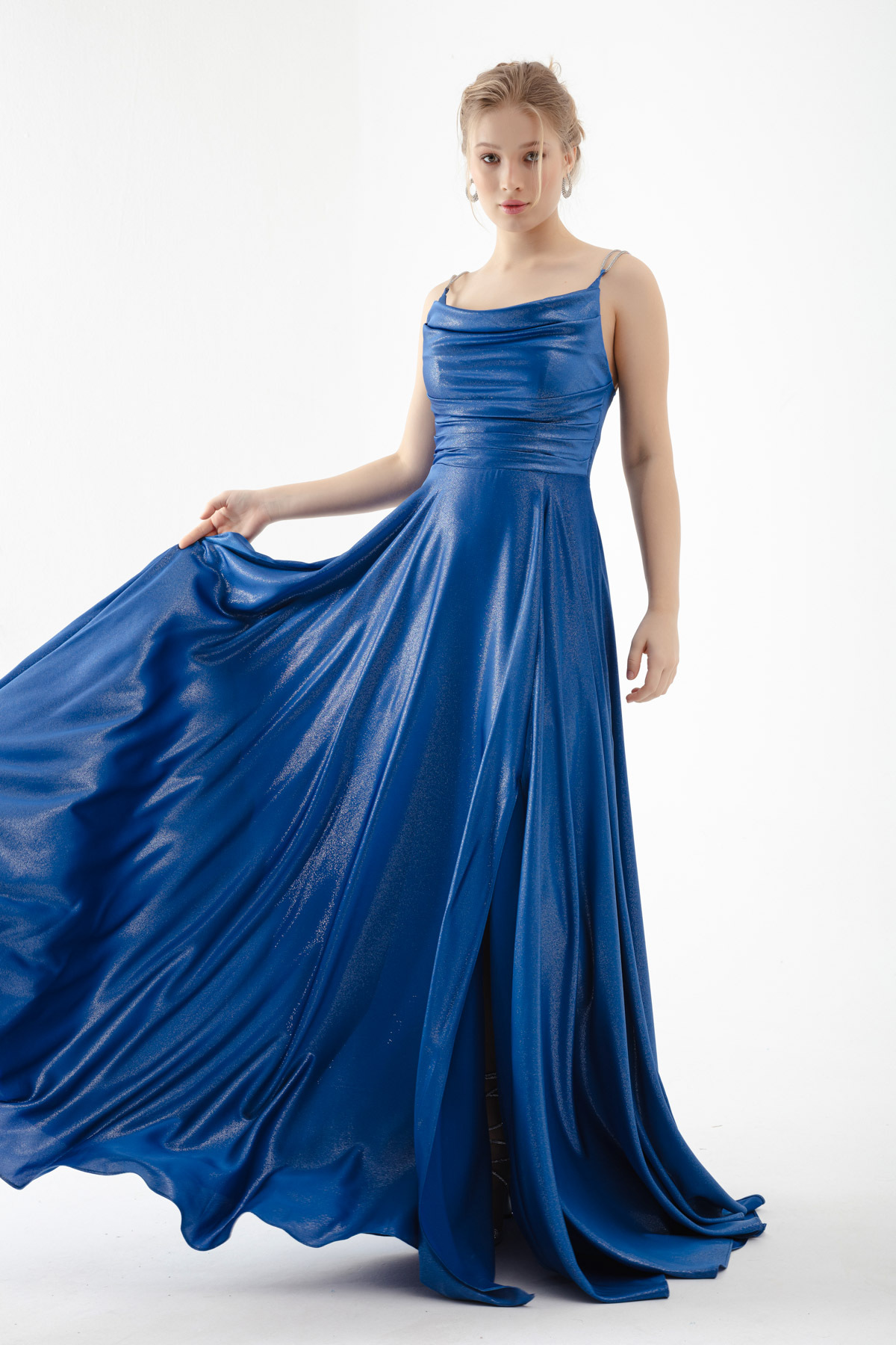 Levně Lafaba Women's Blue Stone Strap Draped Flared Cut Long Evening Dress