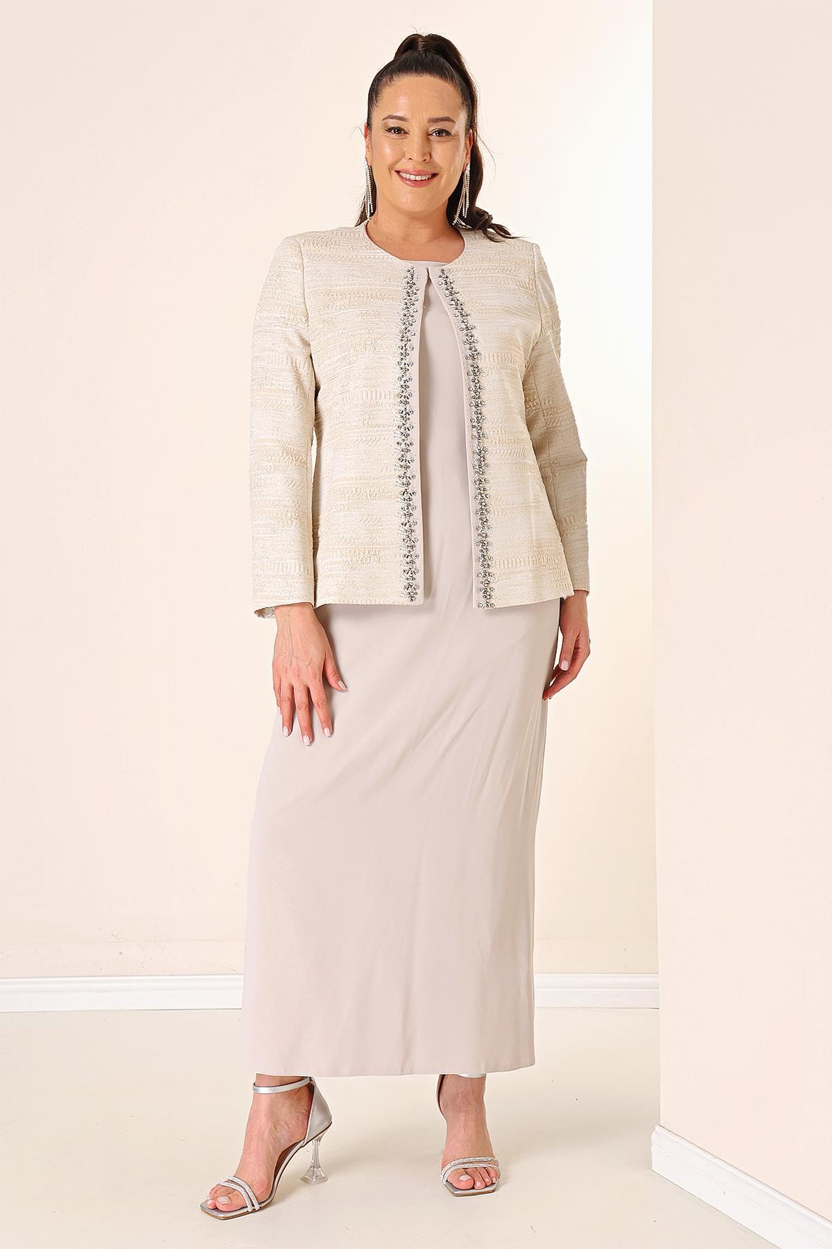 Levně By Saygı Sleeveless Long Dress Stone Detailed Jacquard Plus Size Lined 2-Piece Suit