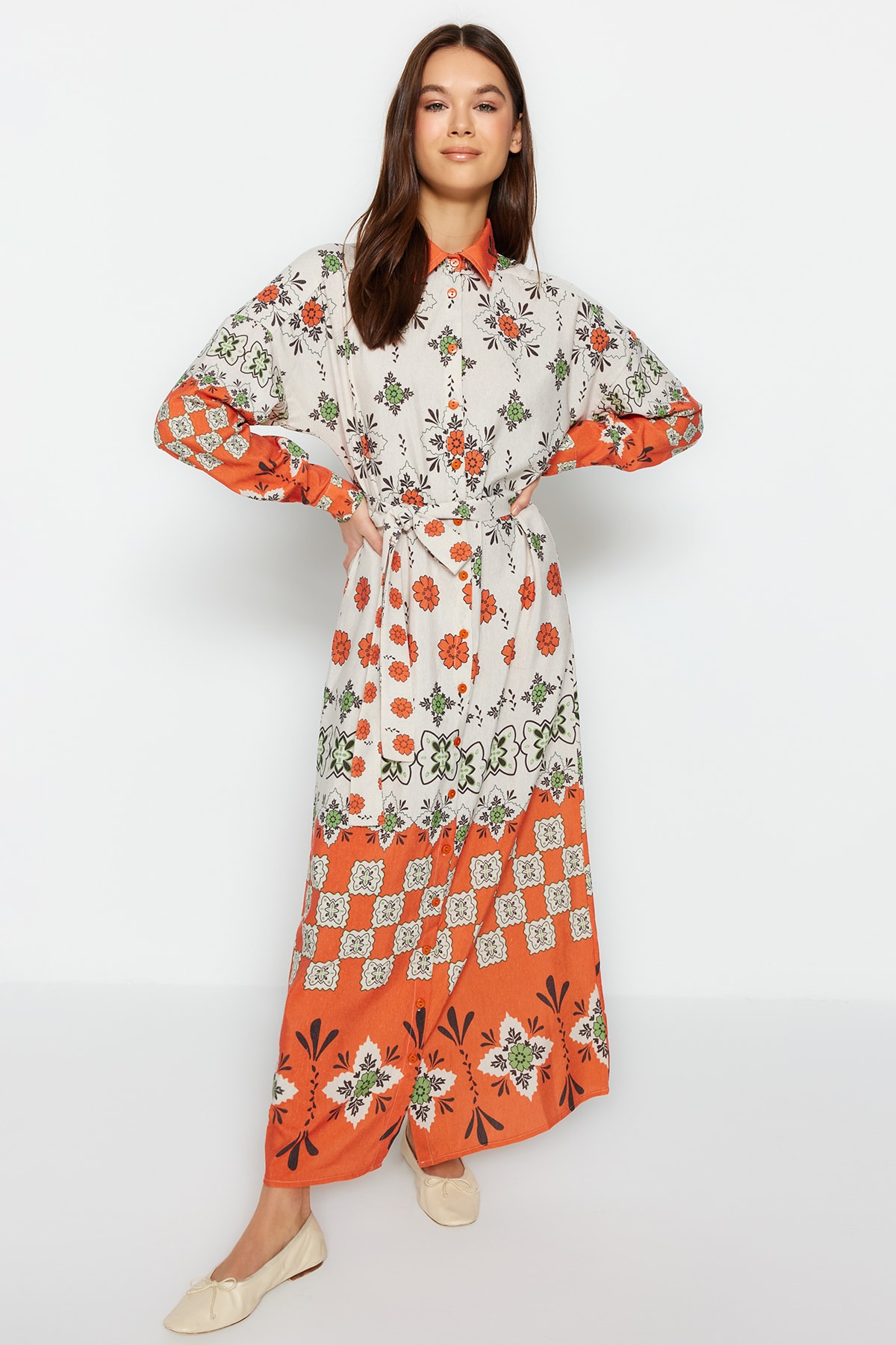 Trendyol Tile Belted Ethnic Patterned Linen Look Woven Shirt Dress