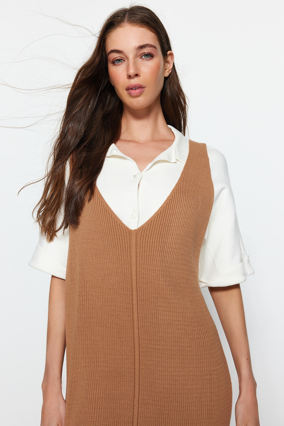 Trendyol Beige Maxi Knitwear V-Neck Gilet Dress