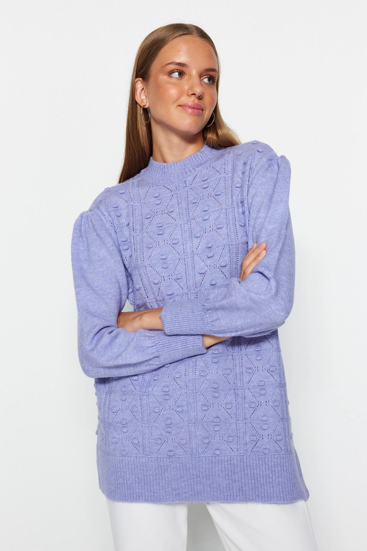Trendyol Lilac Openwork/Perforated Soft Textured Knitwear Sweater
