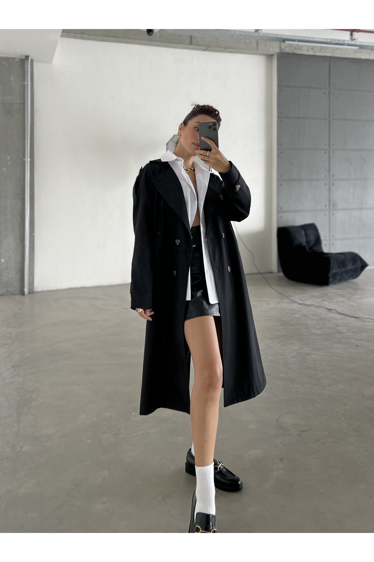 Laluvia Black Button Detailed Belted Long Trench Coat